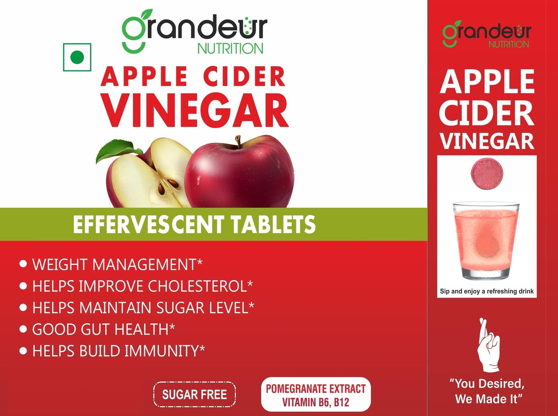 GRANDEUR Apple Cider Vinegar Effervescent Tablets with Pomegranate and B Vitamins, Nutritional Supplement - front view (16)