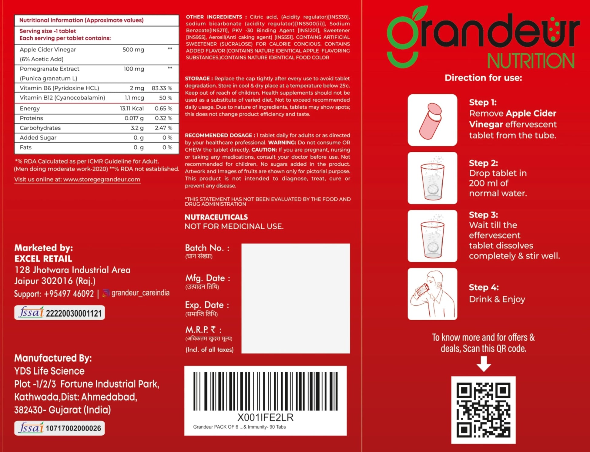 GRANDEUR Apple Cider Vinegar Effervescent Tablets with Pomegranate and B Vitamins, Nutritional Supplement - back view (17)