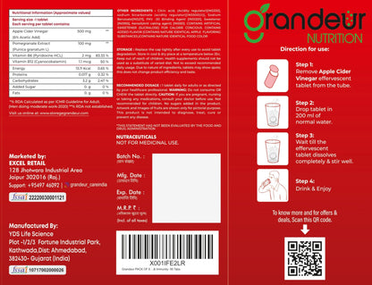 GRANDEUR Apple Cider Vinegar Effervescent Tablets with Pomegranate and B Vitamins, Nutritional Supplement - back view (17)