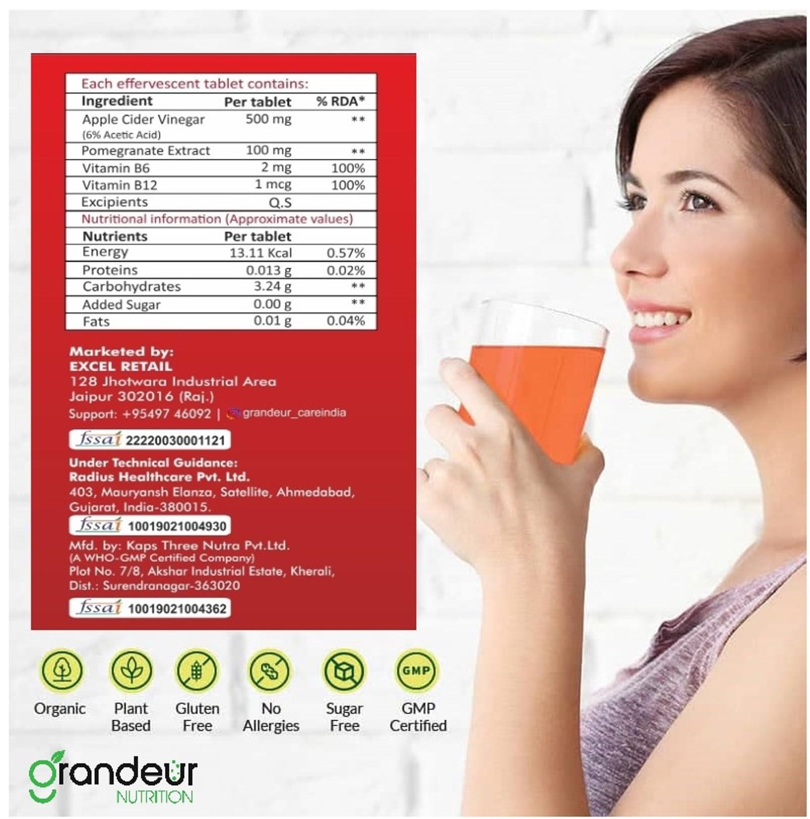 GRANDEUR Apple Cider Vinegar Effervescent Tablets with Pomegranate and B Vitamins, Nutritional Supplement - close-up detail (