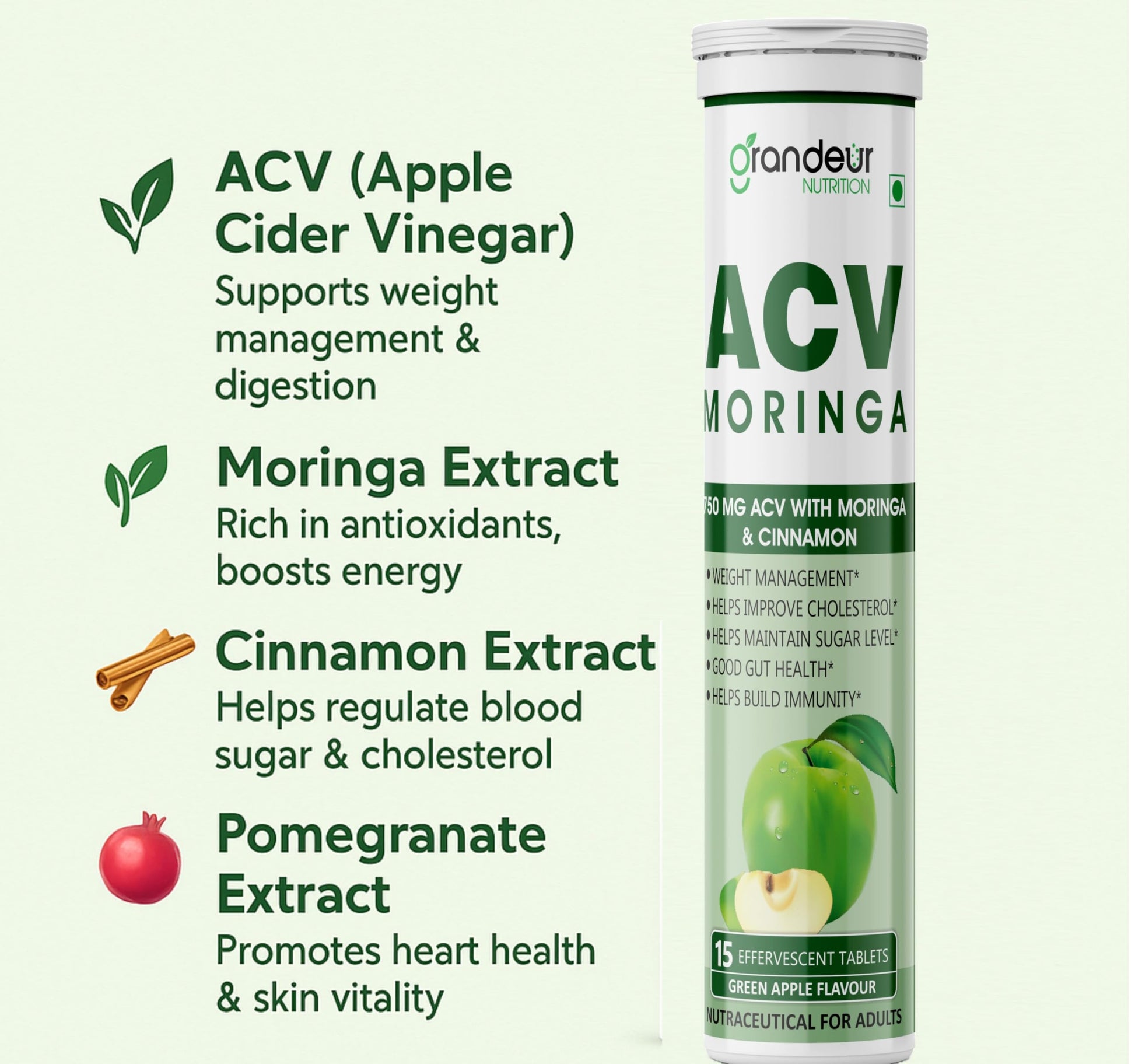 GRANDEUR Apple Cider Vinegar Effervescent Tablets with Pomegranate and B Vitamins, Nutritional Supplement - front view (28)