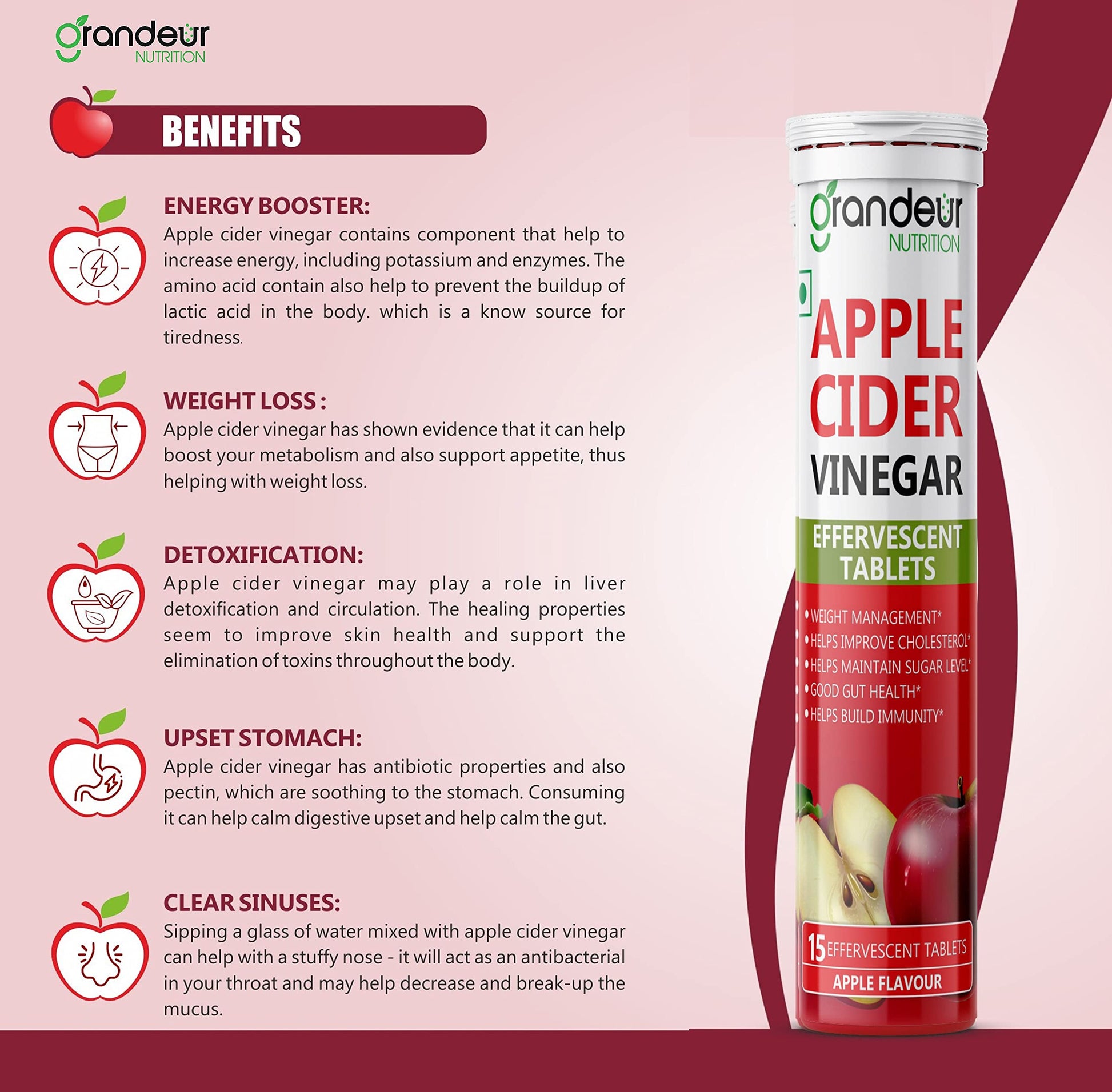GRANDEUR Apple Cider Vinegar Effervescent Tablets with Pomegranate and B Vitamins, Nutritional Supplement - back view