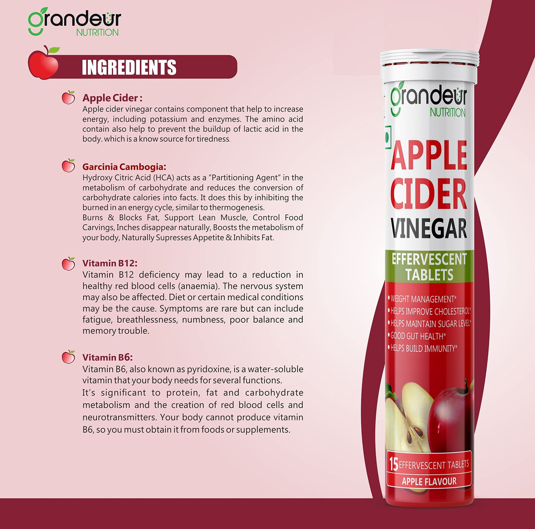 GRANDEUR Apple Cider Vinegar Effervescent Tablets with Pomegranate and B Vitamins, Nutritional Supplement - packaging