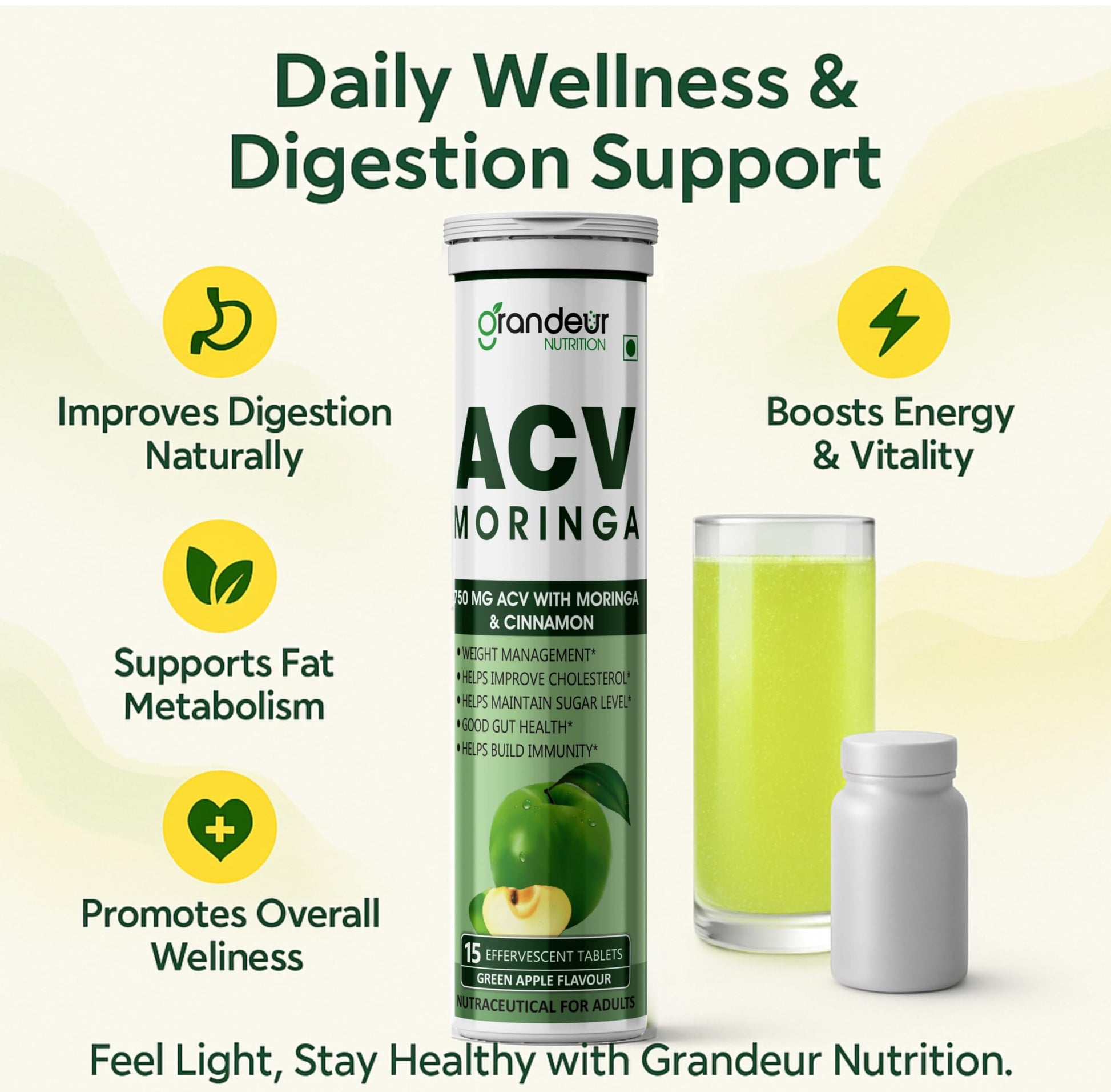 GRANDEUR Apple Cider Vinegar Effervescent Tablets with Pomegranate and B Vitamins, Nutritional Supplement - ingredients panel