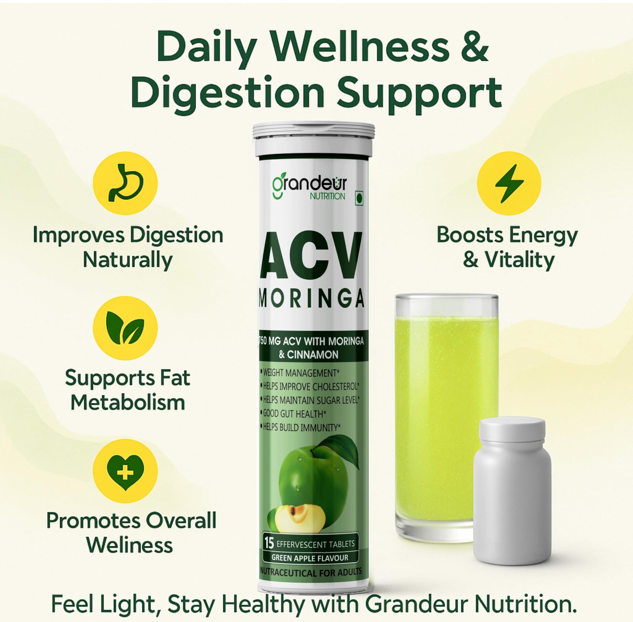 GRANDEUR Apple Cider Vinegar Effervescent Tablets with Pomegranate and B Vitamins, Nutritional Supplement - ingredients panel