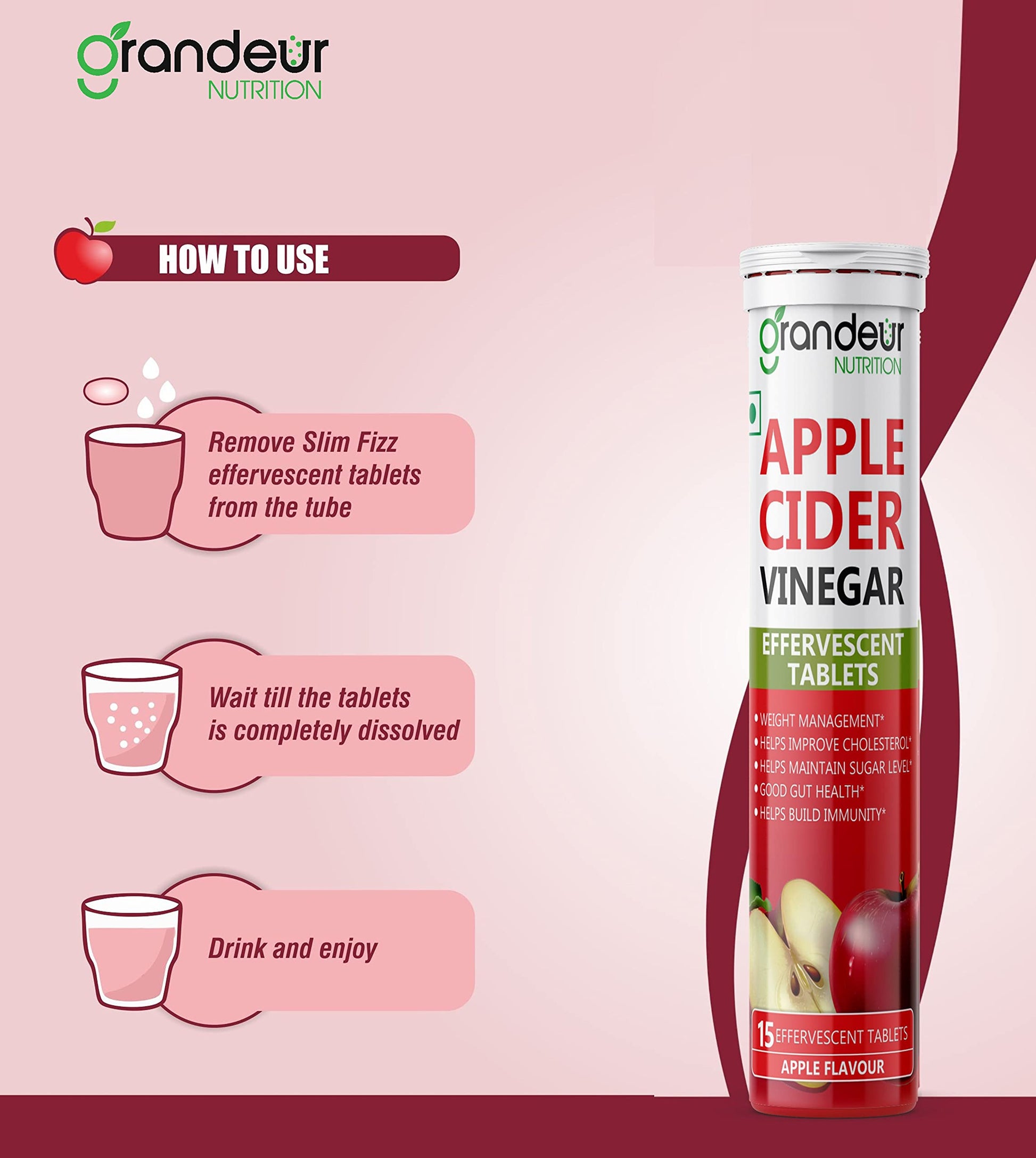 GRANDEUR Apple Cider Vinegar Effervescent Tablets with Pomegranate and B Vitamins, Nutritional Supplement - label detail