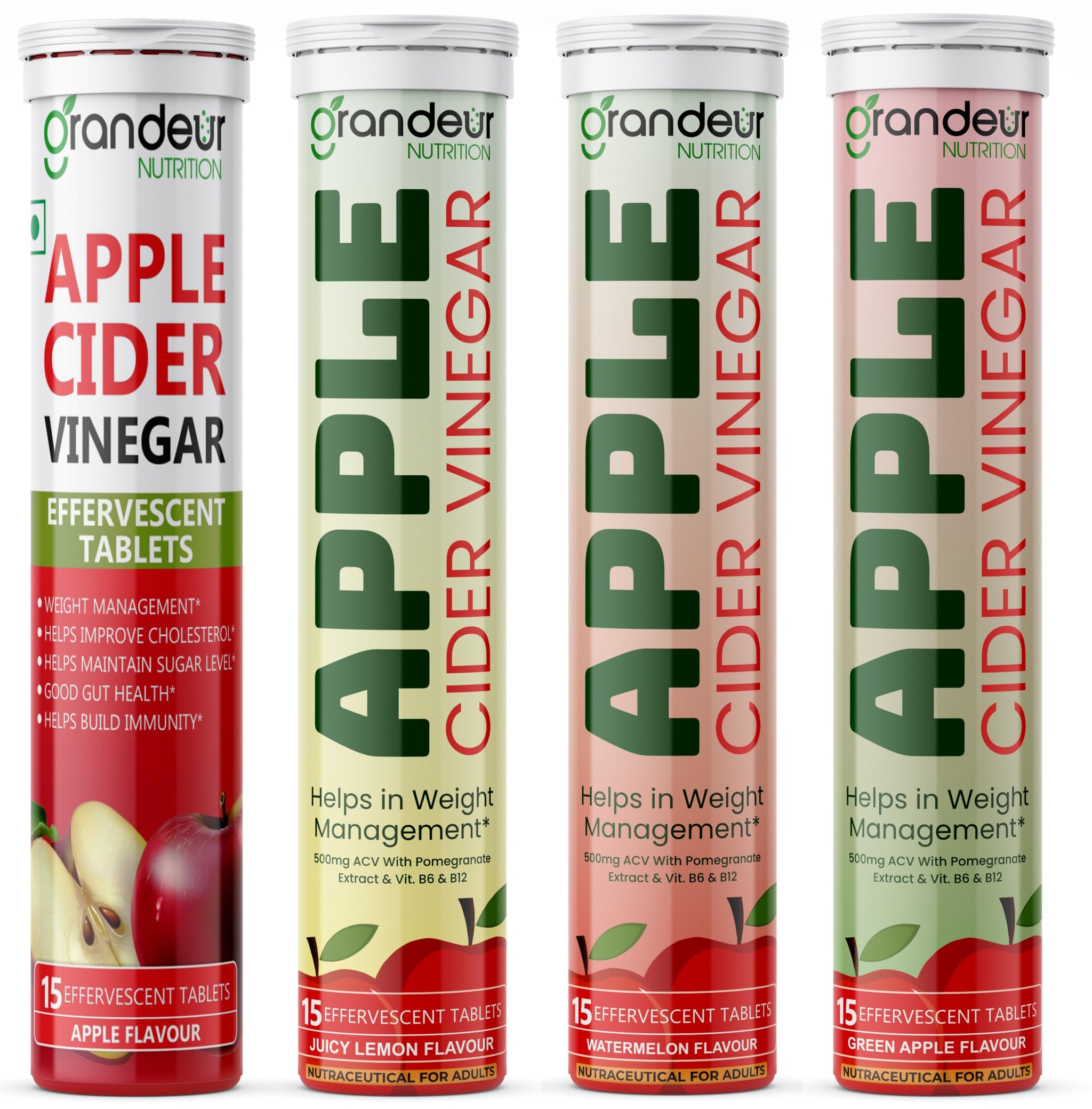 GRANDEUR Apple Cider Vinegar Effervescent Tablets with Pomegranate and B Vitamins, Nutritional Supplement (52)