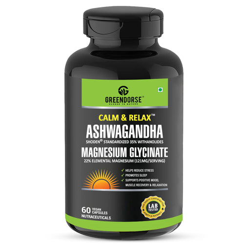 GREENDORSE Shoden Ashwagandha Herbal Supplement with Magnesium Glycinate and Probiotics, 60 Veg Capsules, 35% Withanolides