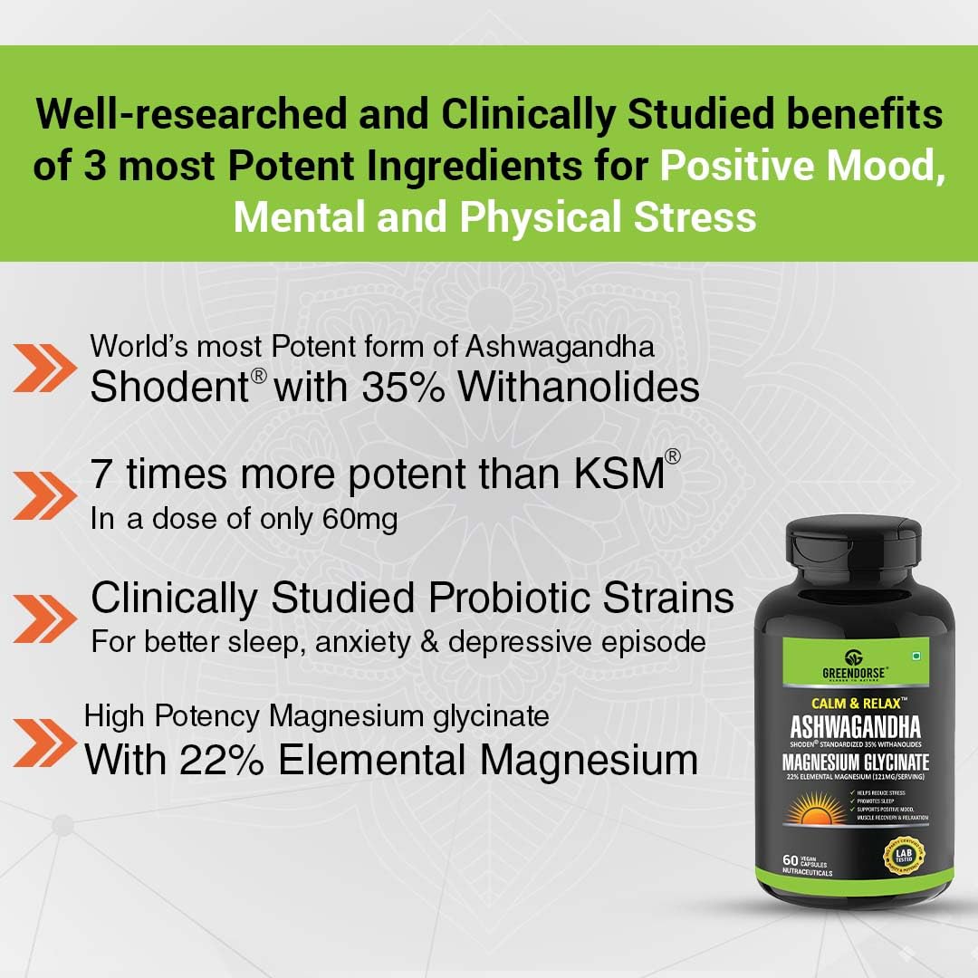 GREENDORSE Shoden Ashwagandha Herbal Supplement with Magnesium Glycinate and Probiotics, 60 Veg Capsules, 35% Withanolides - 