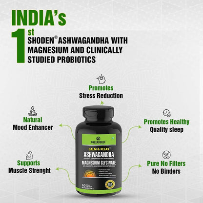 GREENDORSE Shoden Ashwagandha Herbal Supplement with Magnesium Glycinate and Probiotics, 60 Veg Capsules, 35% Withanolides - 