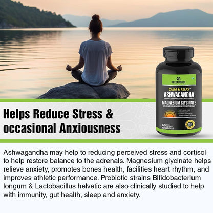 GREENDORSE Shoden Ashwagandha Herbal Supplement with Magnesium Glycinate and Probiotics, 60 Veg Capsules, 35% Withanolides - 