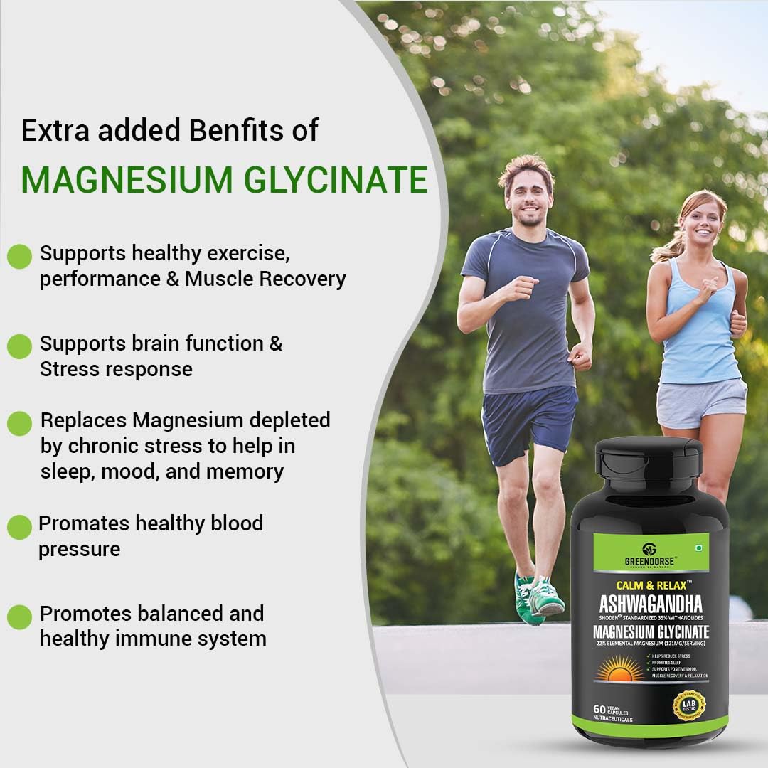 GREENDORSE Shoden Ashwagandha Herbal Supplement with Magnesium Glycinate and Probiotics, 60 Veg Capsules, 35% Withanolides - 
