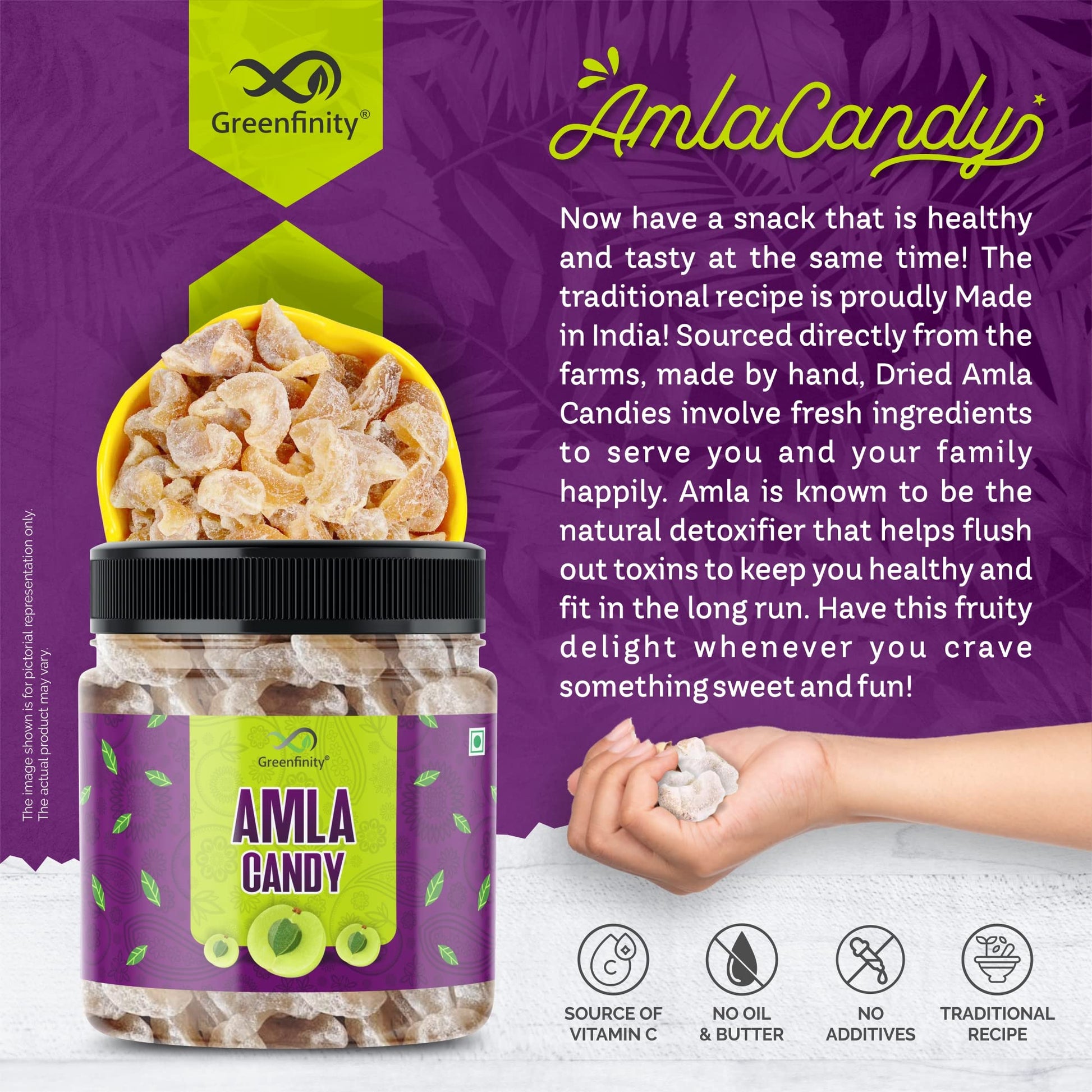 GreenFinity Dried Sweet Amla Candy, Indian Gooseberry Fruit, 250g - front view (10)