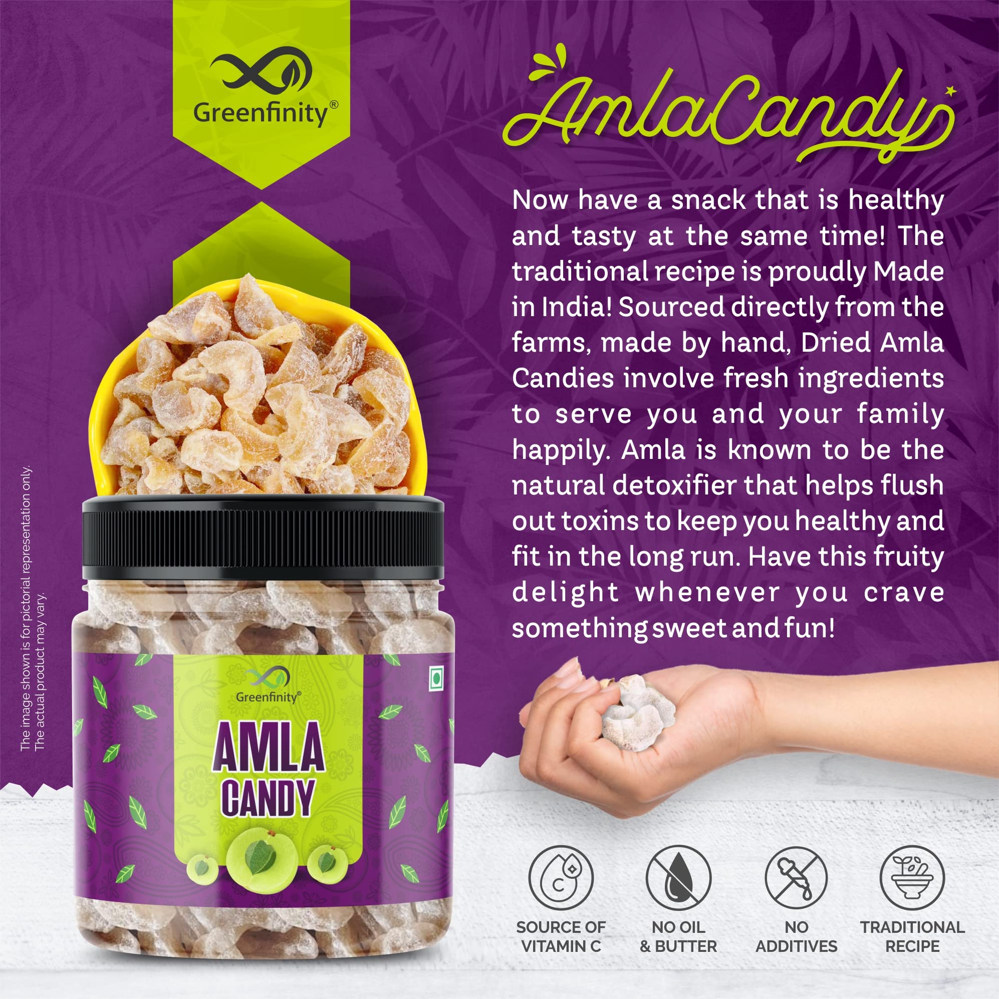 GreenFinity Dried Sweet Amla Candy, Indian Gooseberry Fruit, 250g - front view (10)