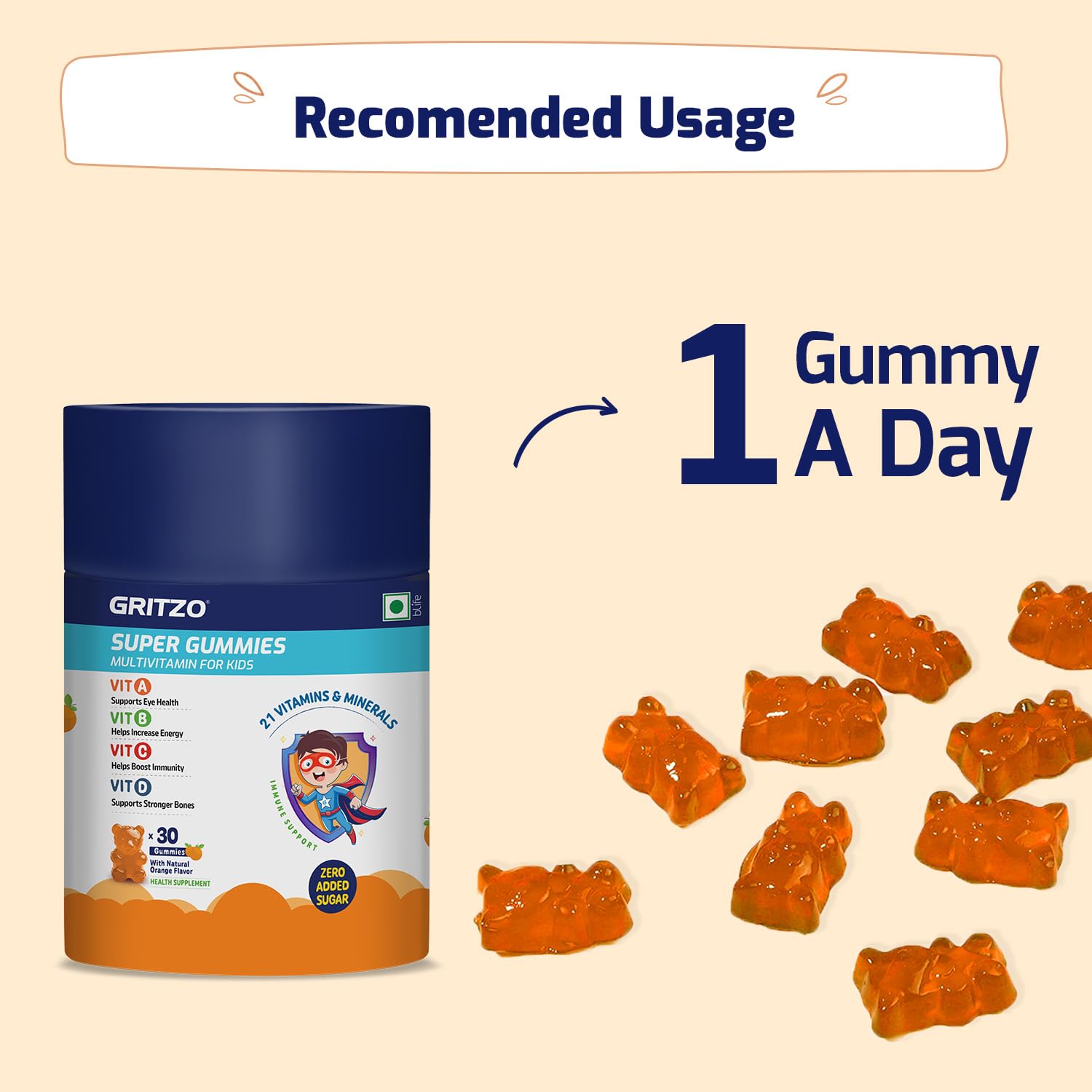 Gritzo Multivitamin Gummies for Kids, 30 Count, 21 Vitamins & Minerals, Natural Flavors, No Added Sugar - front view (10)