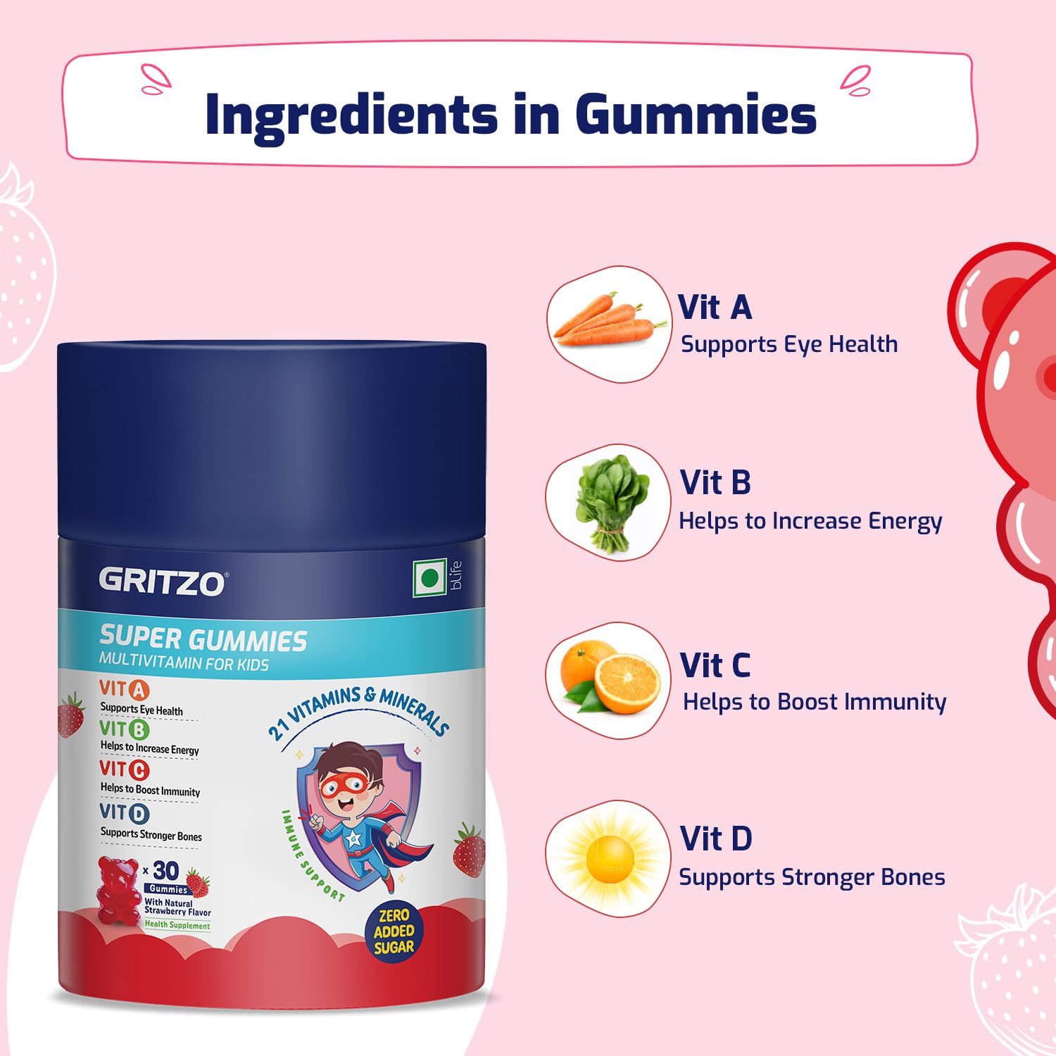Gritzo Multivitamin Gummies for Kids, 30 Count, 21 Vitamins & Minerals, Natural Flavors, No Added Sugar - back view (13)