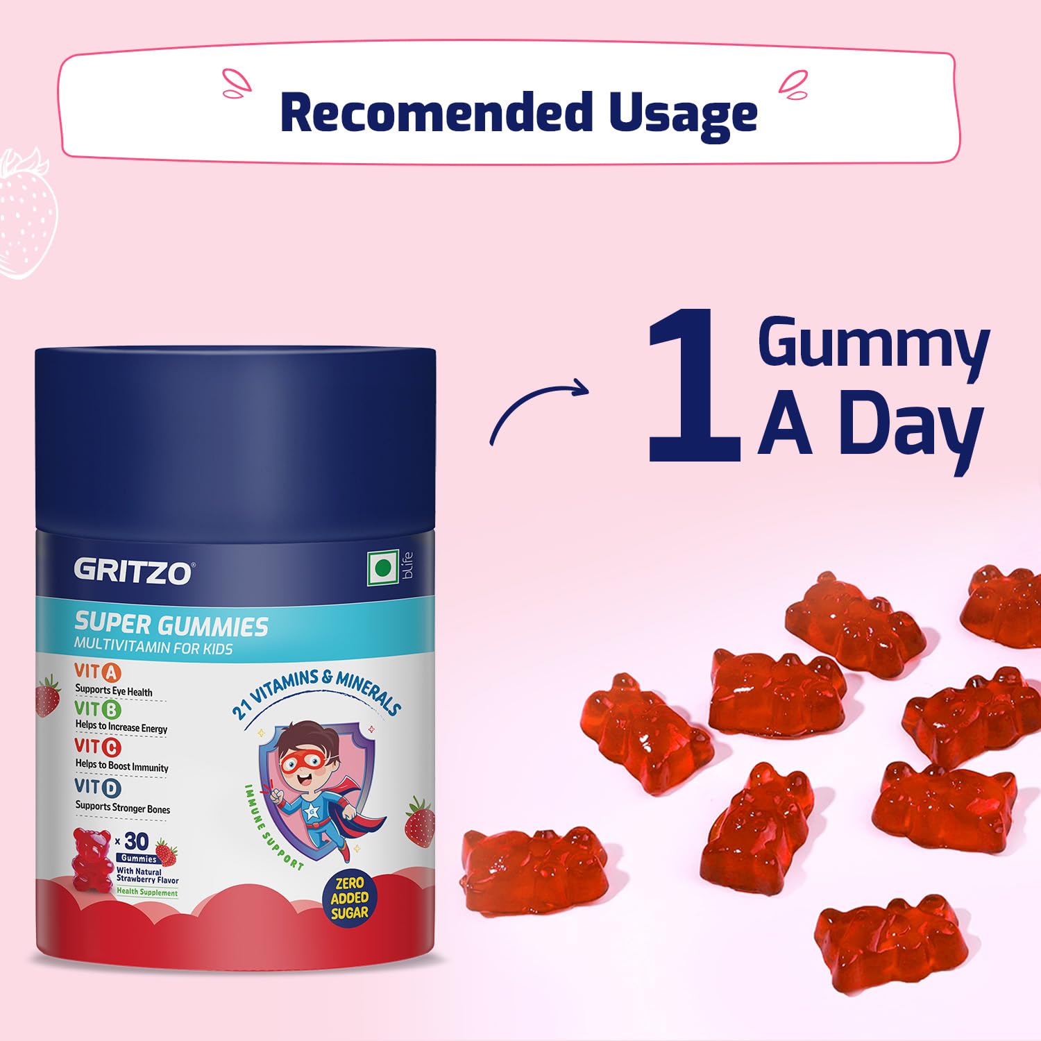 Gritzo Multivitamin Gummies for Kids, 30 Count, 21 Vitamins & Minerals, Natural Flavors, No Added Sugar - back view (18)