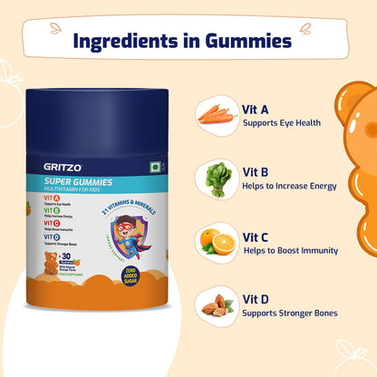Gritzo Multivitamin Gummies for Kids, 30 Count, 21 Vitamins & Minerals, Natural Flavors, No Added Sugar - back view