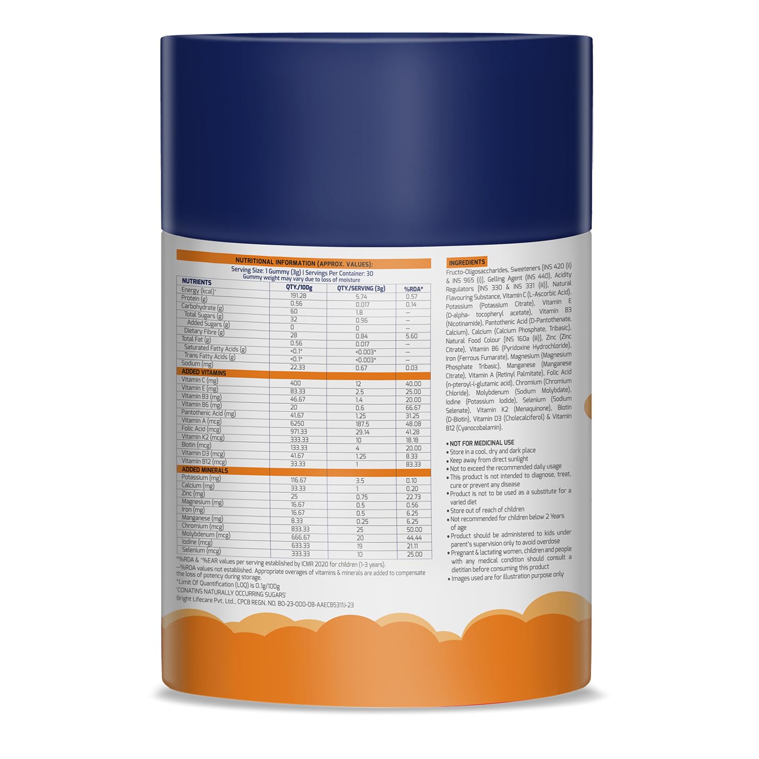 Gritzo Multivitamin Gummies for Kids, 30 Count, 21 Vitamins & Minerals, Natural Flavors, No Added Sugar - label detail