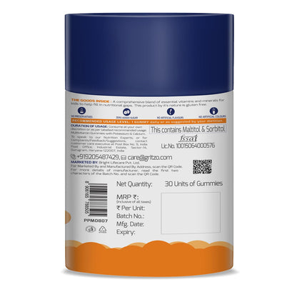 Gritzo Multivitamin Gummies for Kids, 30 Count, 21 Vitamins & Minerals, Natural Flavors, No Added Sugar - ingredients panel