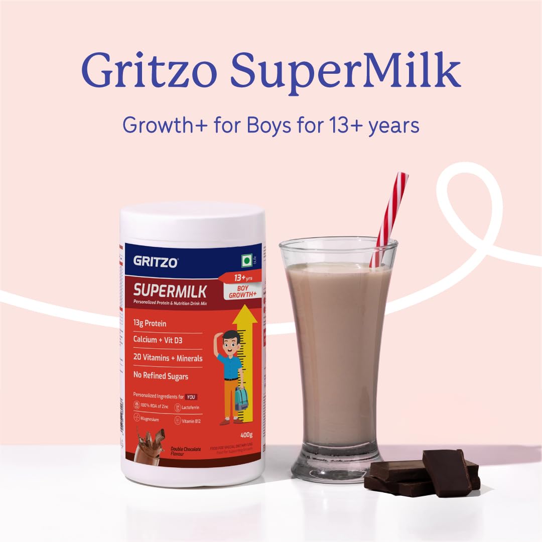 Gritzo SuperMilk Growth+ (13+ Boy) Cafe Mocha, 400g, Nutritional Supplement Powder - front view (11)