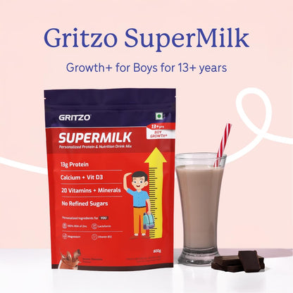 Gritzo SuperMilk Growth+ (13+ Boy) Cafe Mocha, 400g, Nutritional Supplement Powder - back view (23)