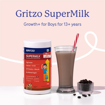 Gritzo SuperMilk Growth+ (13+ Boy) Cafe Mocha, 400g, Nutritional Supplement Powder - back view