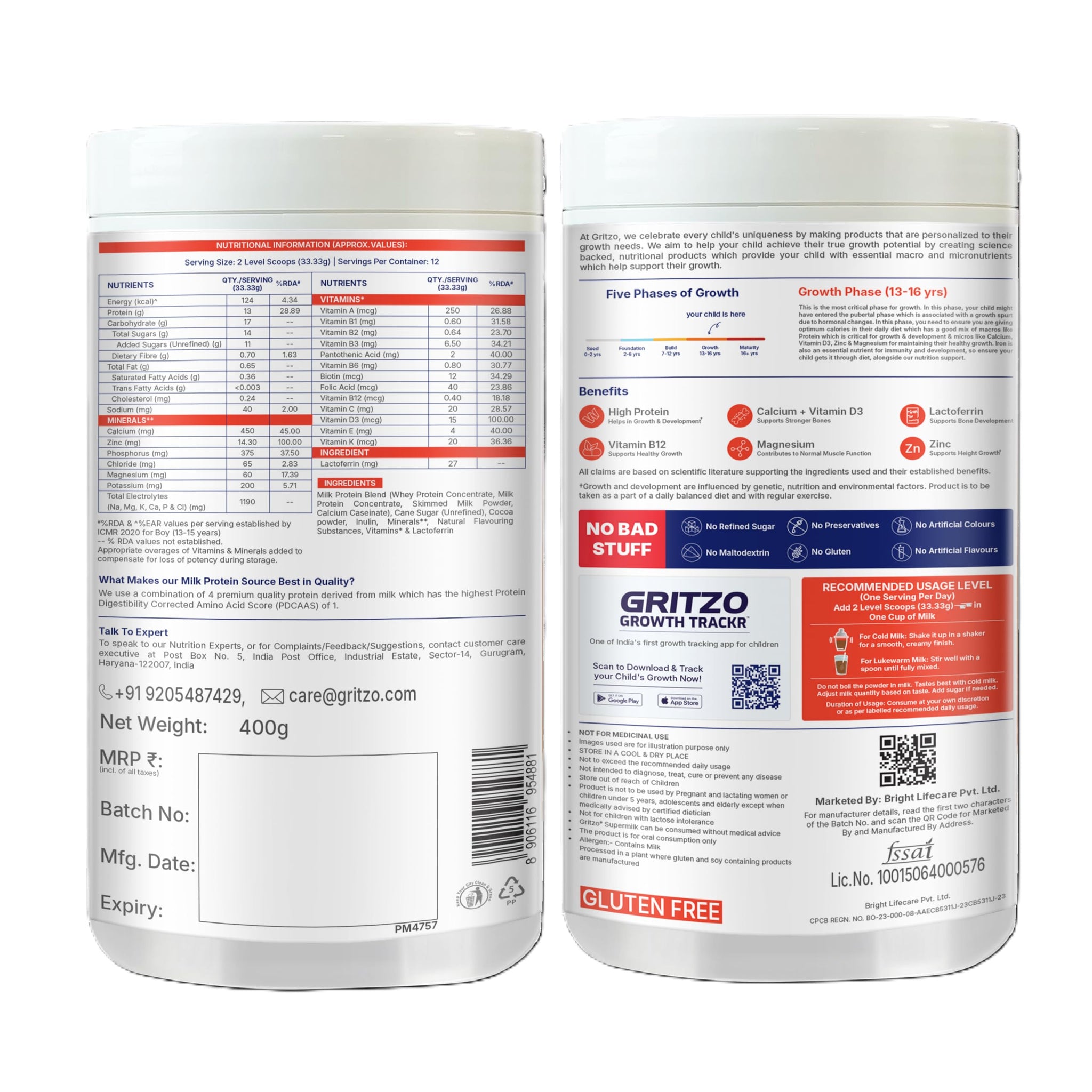 Gritzo SuperMilk Growth+ (13+ Boy) Cafe Mocha, 400g, Nutritional Supplement Powder - ingredients panel (31)