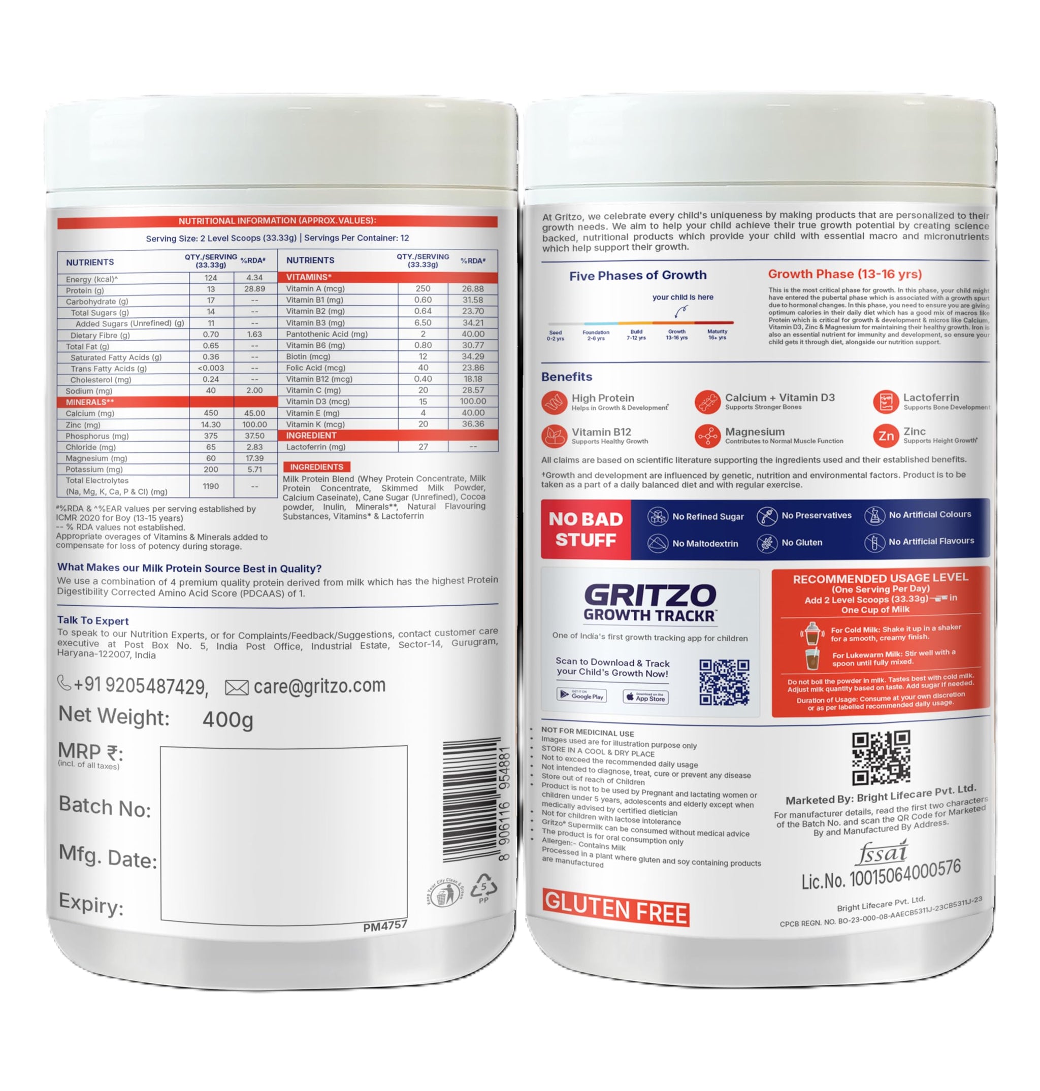 Gritzo SuperMilk Growth+ (13+ Boy) Cafe Mocha, 400g, Nutritional Supplement Powder - packaging (35)