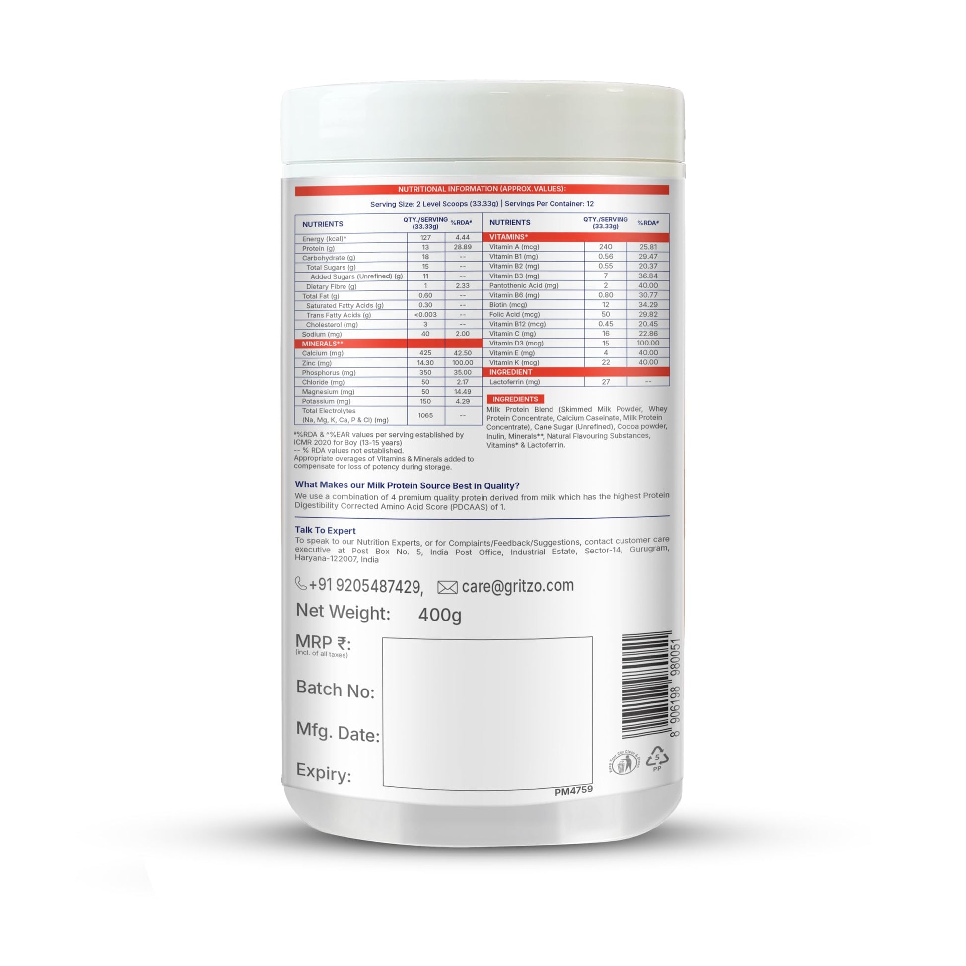 Gritzo SuperMilk Growth+ (13+ Boy) Cafe Mocha, 400g, Nutritional Supplement Powder - close-up detail