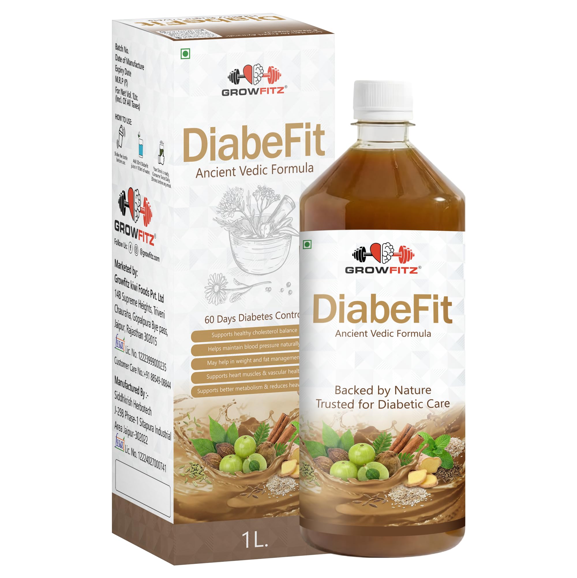 GROWFITZ Diabefit Herbal Juice 1L, Karela & Amla Blend, No Added Sugar, Dietary Supplement