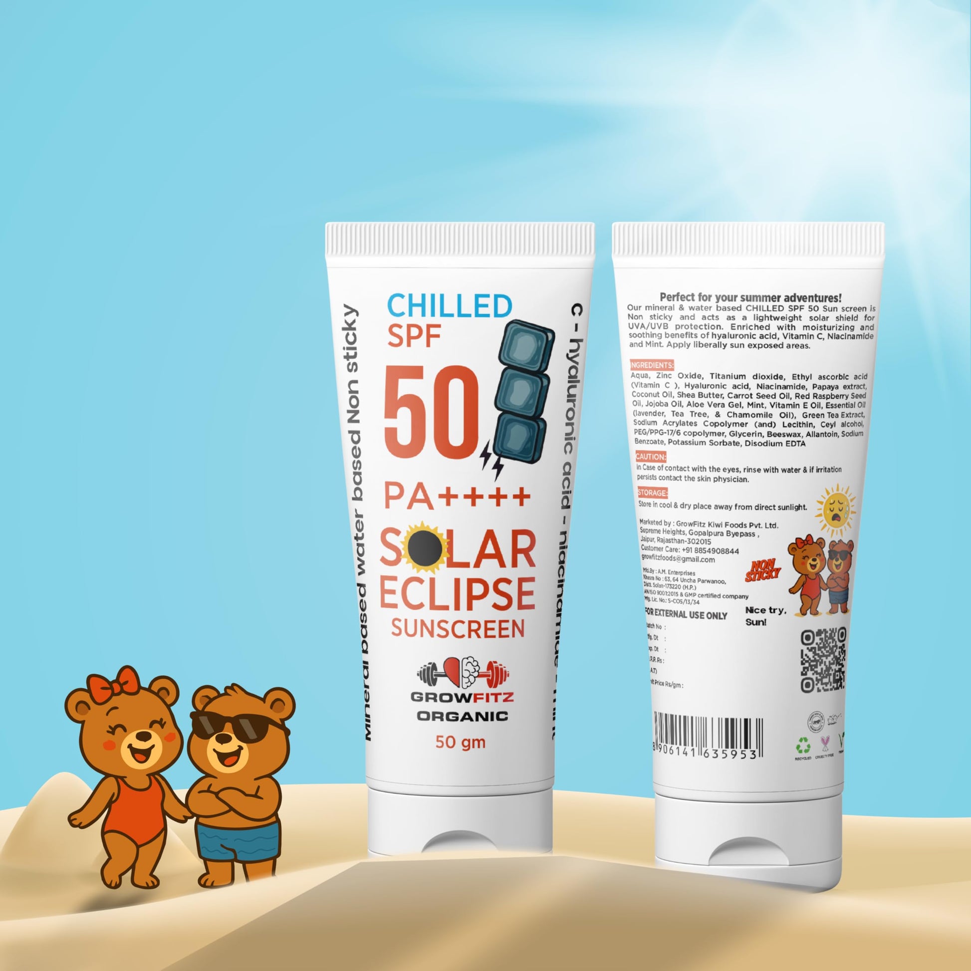 GROWFITZ SPF 50 PA+++ Sunscreen, 50g, Mineral & Water Based, Unisex, Natural Mint, Matte Finish - front view
