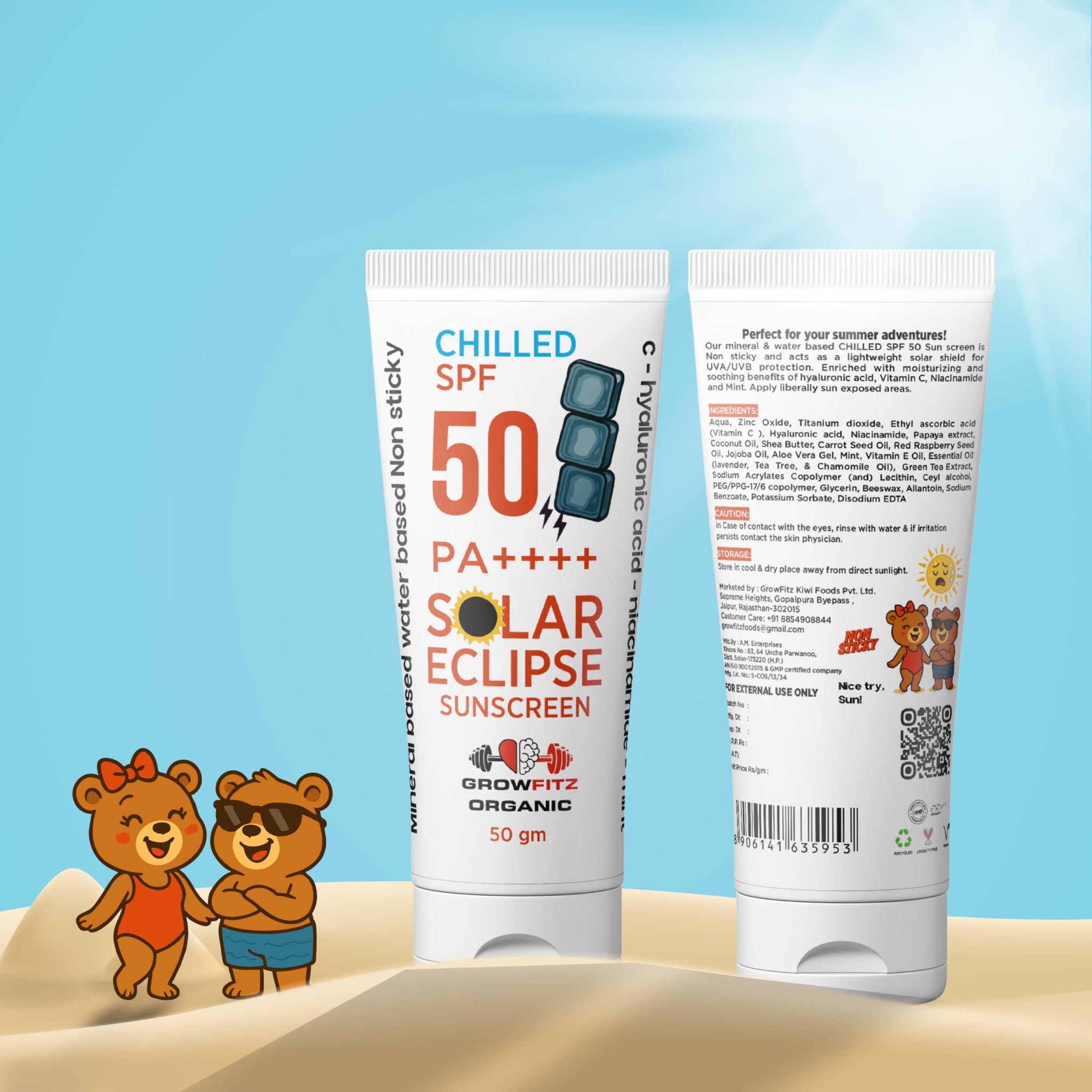 GROWFITZ SPF 50 PA+++ Sunscreen, 50g, Mineral & Water Based, Unisex, Natural Mint, Matte Finish - front view