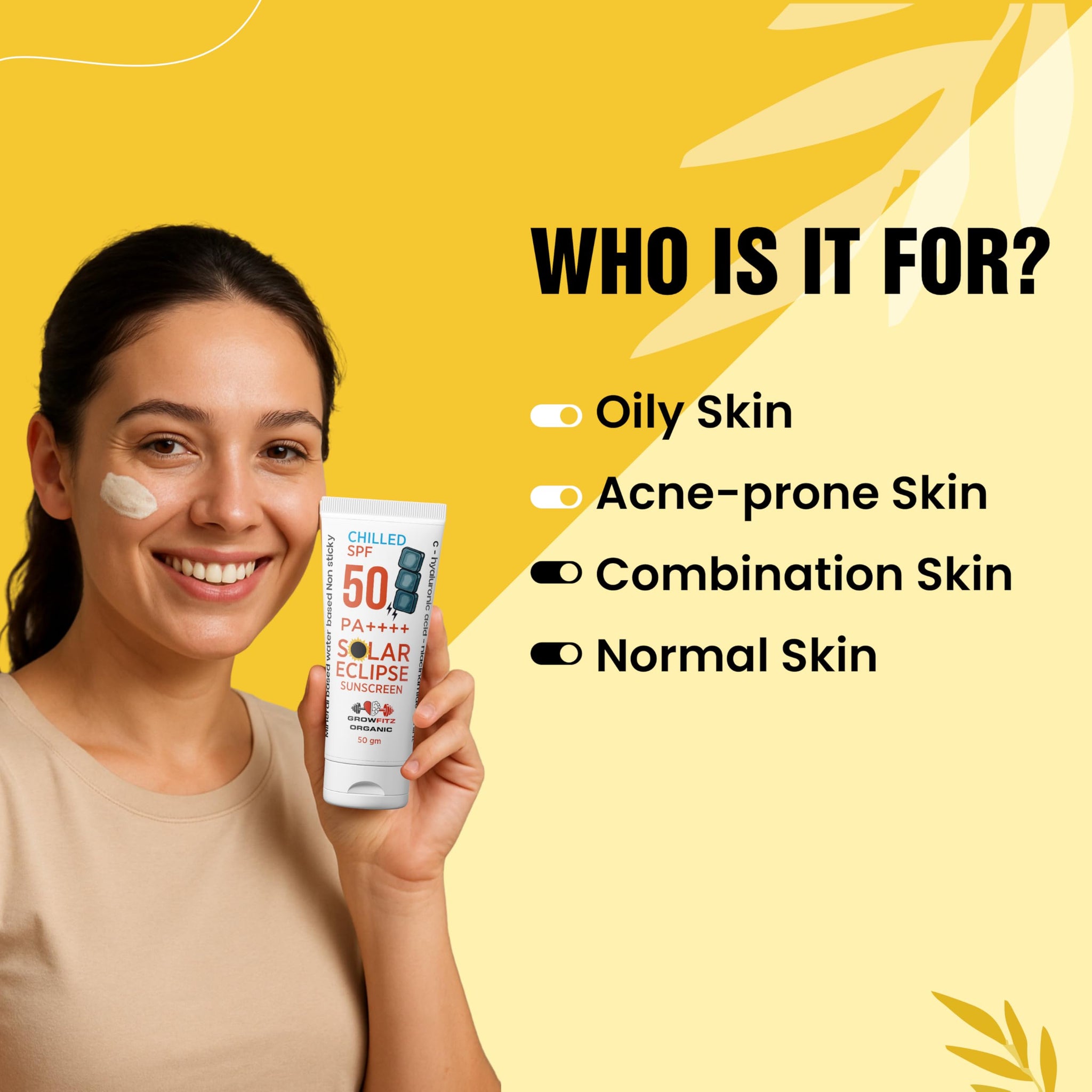 GROWFITZ SPF 50 PA+++ Sunscreen, 50g, Mineral & Water Based, Unisex, Natural Mint, Matte Finish - label detail