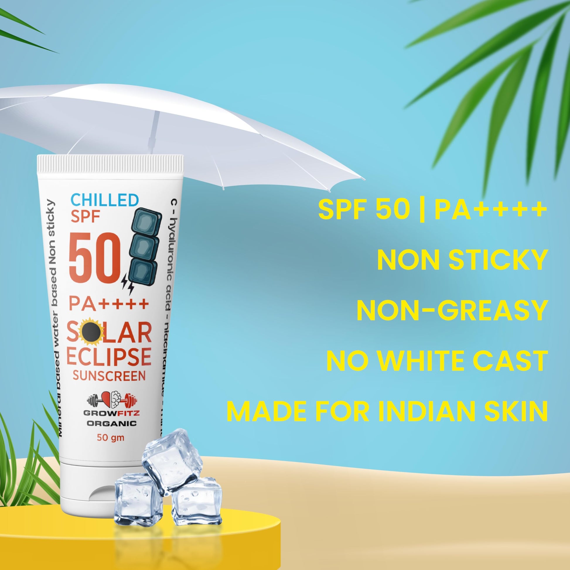 GROWFITZ SPF 50 PA+++ Sunscreen, 50g, Mineral & Water Based, Unisex, Natural Mint, Matte Finish - ingredients panel
