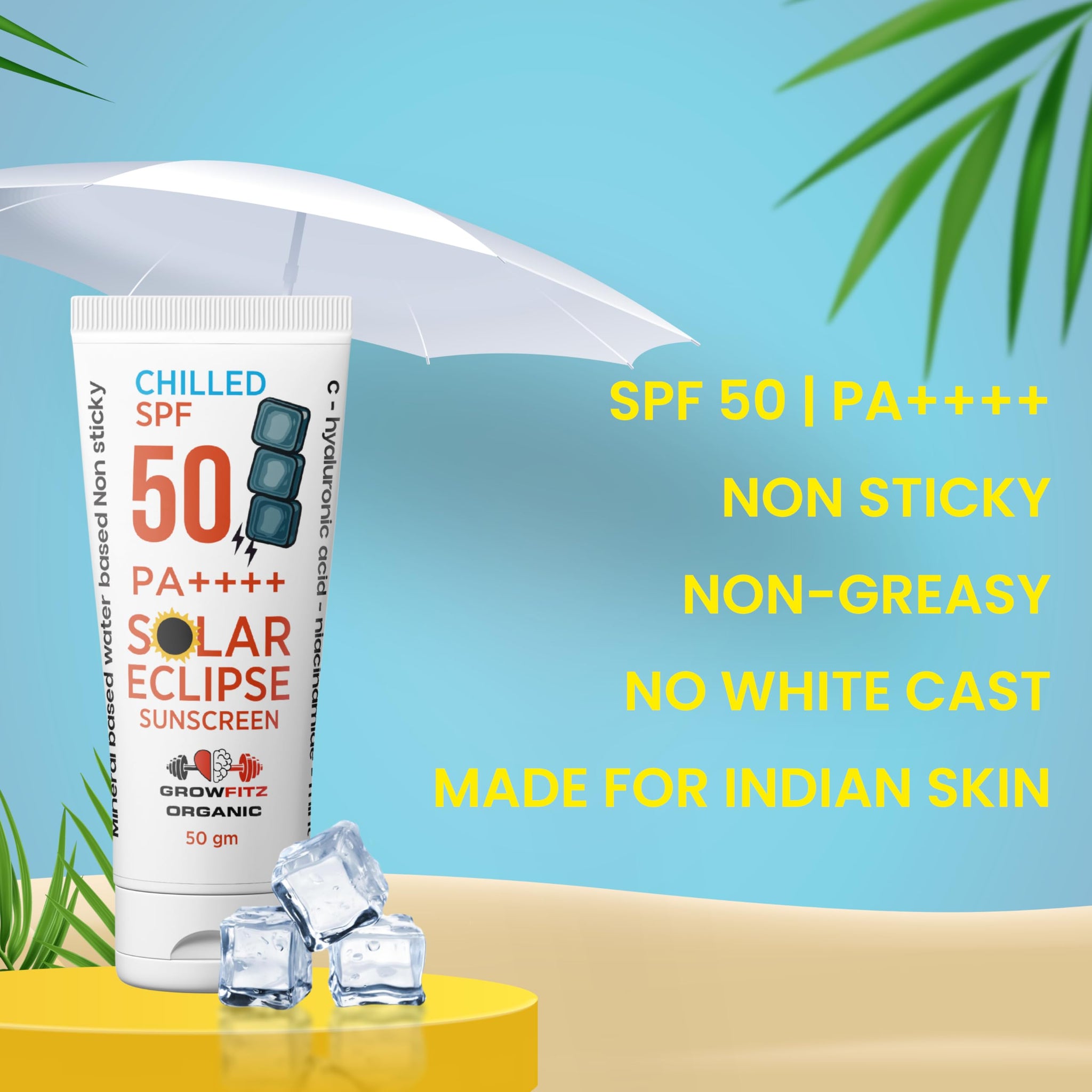 GROWFITZ SPF 50 PA+++ Sunscreen, 50g, Mineral & Water Based, Unisex, Natural Mint, Matte Finish - ingredients panel