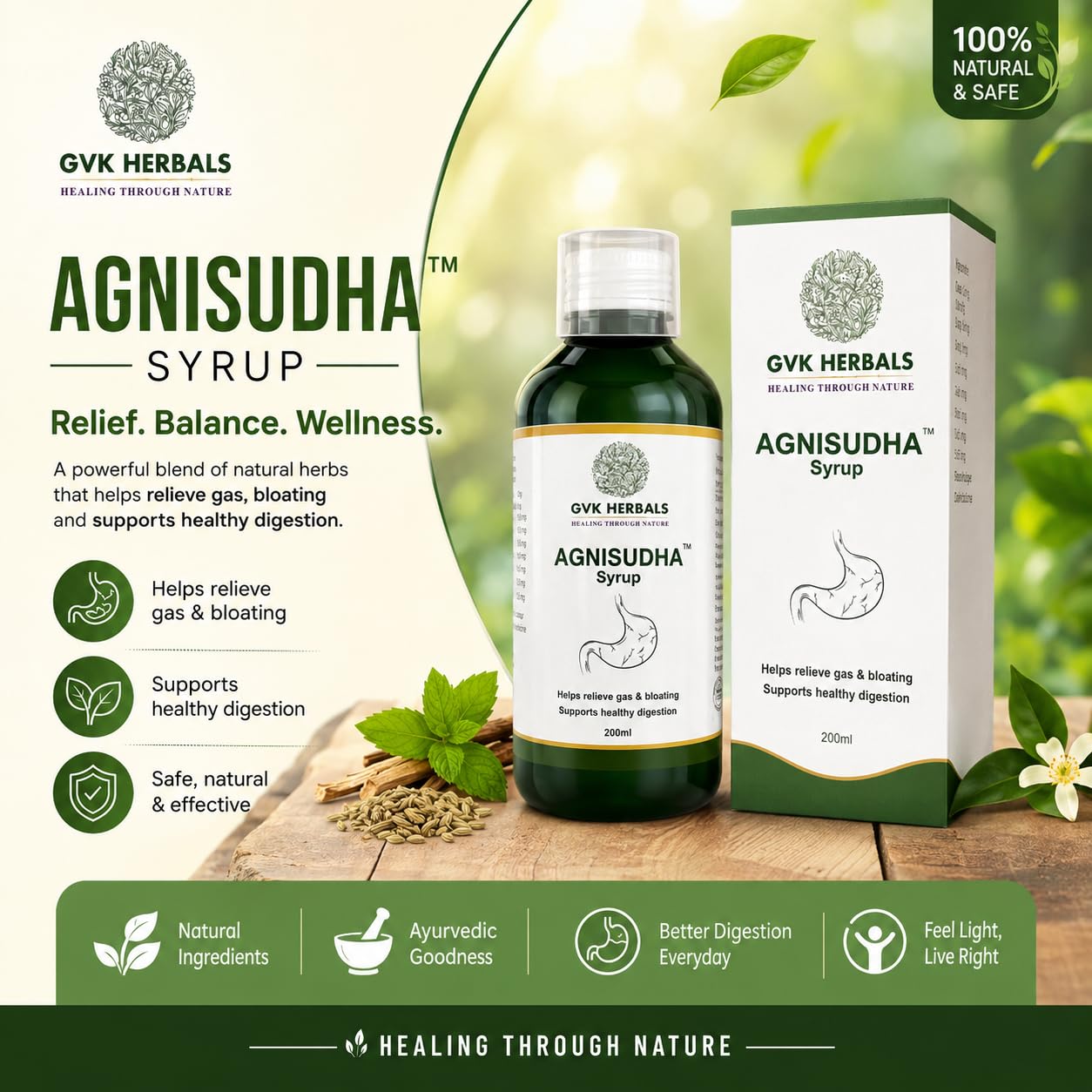 GVK Herbals Agnisudha Herbal Digestive Syrup, 200ml, Natural Appetiser with Garlic, Ginger & Ajwain Extracts - front view
