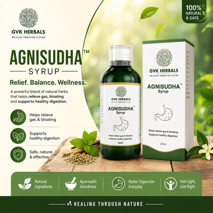 GVK Herbals Agnisudha Herbal Digestive Syrup, 200ml, Natural Appetiser with Garlic, Ginger & Ajwain Extracts - front view