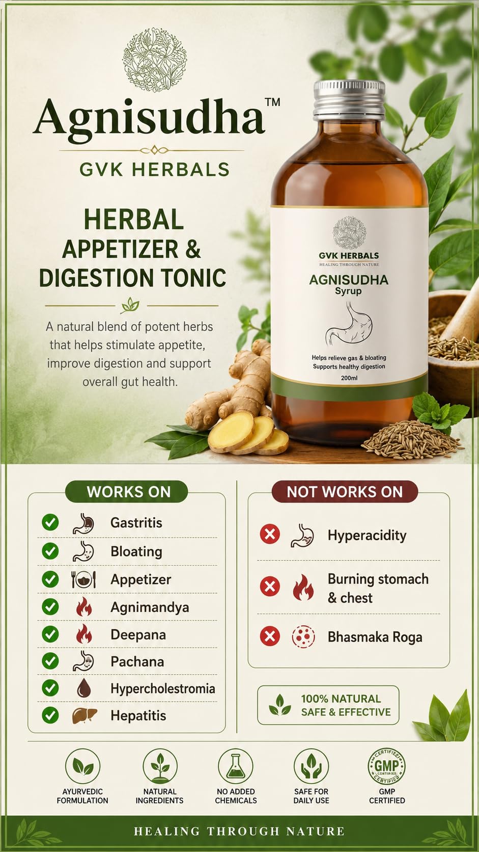 GVK Herbals Agnisudha Herbal Digestive Syrup, 200ml, Natural Appetiser with Garlic, Ginger & Ajwain Extracts - back view