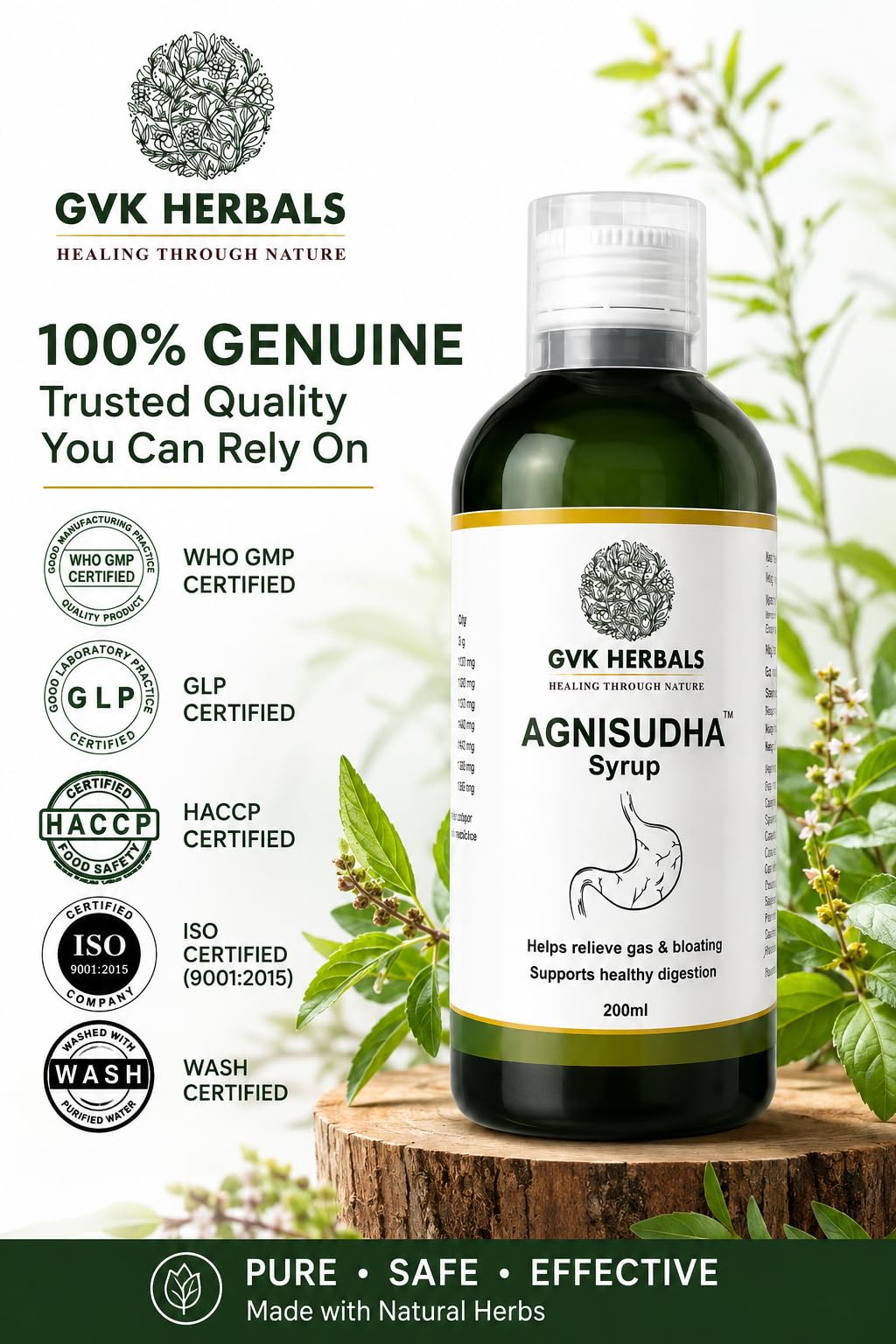 GVK Herbals Agnisudha Herbal Digestive Syrup, 200ml, Natural Appetiser with Garlic, Ginger & Ajwain Extracts - packaging