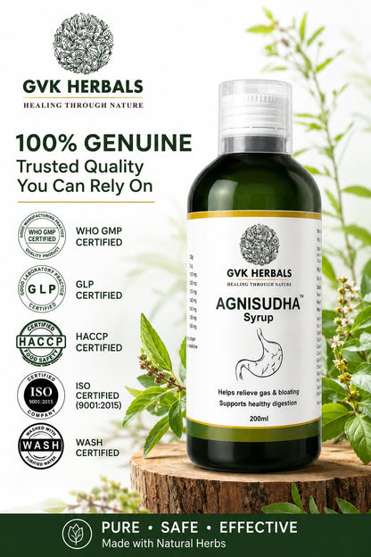 GVK Herbals Agnisudha Herbal Digestive Syrup, 200ml, Natural Appetiser with Garlic, Ginger & Ajwain Extracts - packaging