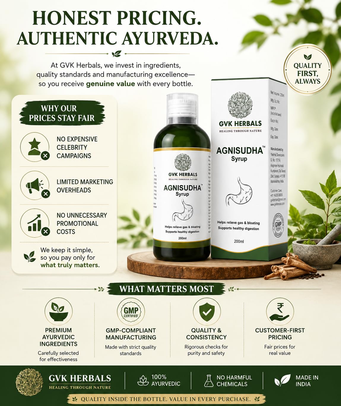 GVK Herbals Agnisudha Herbal Digestive Syrup, 200ml, Natural Appetiser with Garlic, Ginger & Ajwain Extracts - ingredients pa