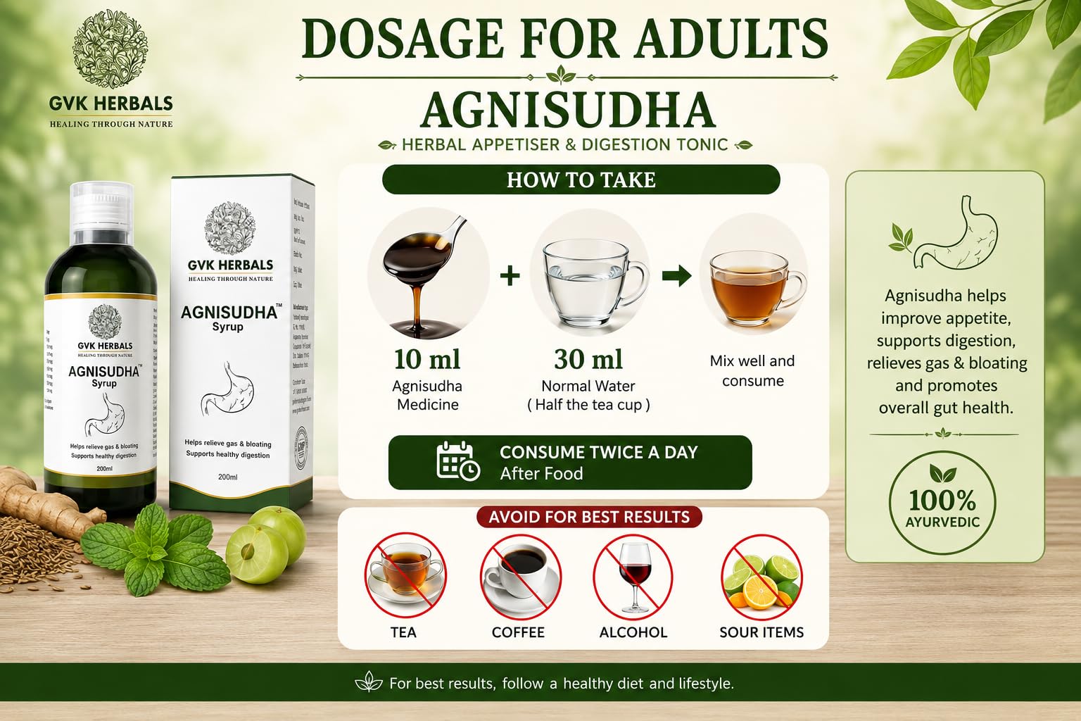 GVK Herbals Agnisudha Herbal Digestive Syrup, 200ml, Natural Appetiser with Garlic, Ginger & Ajwain Extracts - close-up detai