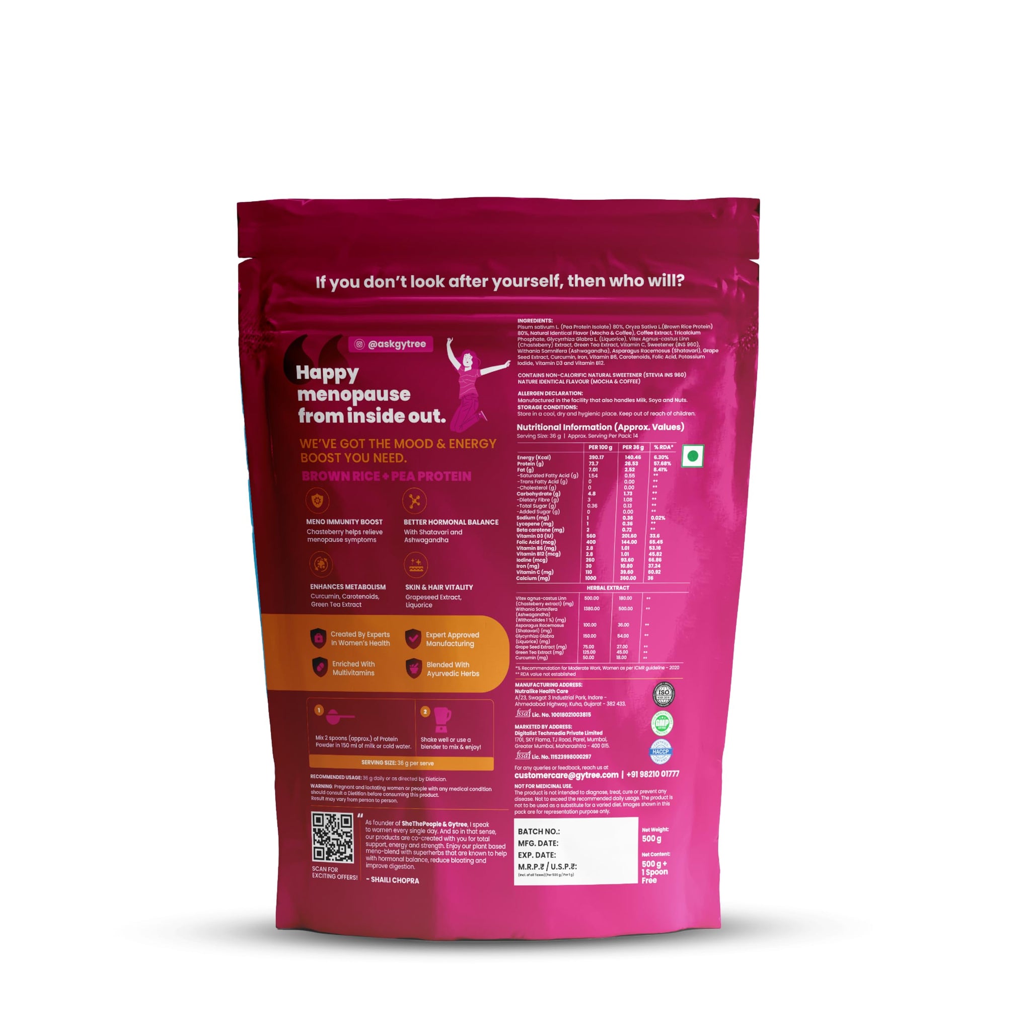 Gytree Menopause Protein Powder Vegan Dual Plant-Based Protein 26g per Serving Cafe Mocha Flavor 500g - size and scale