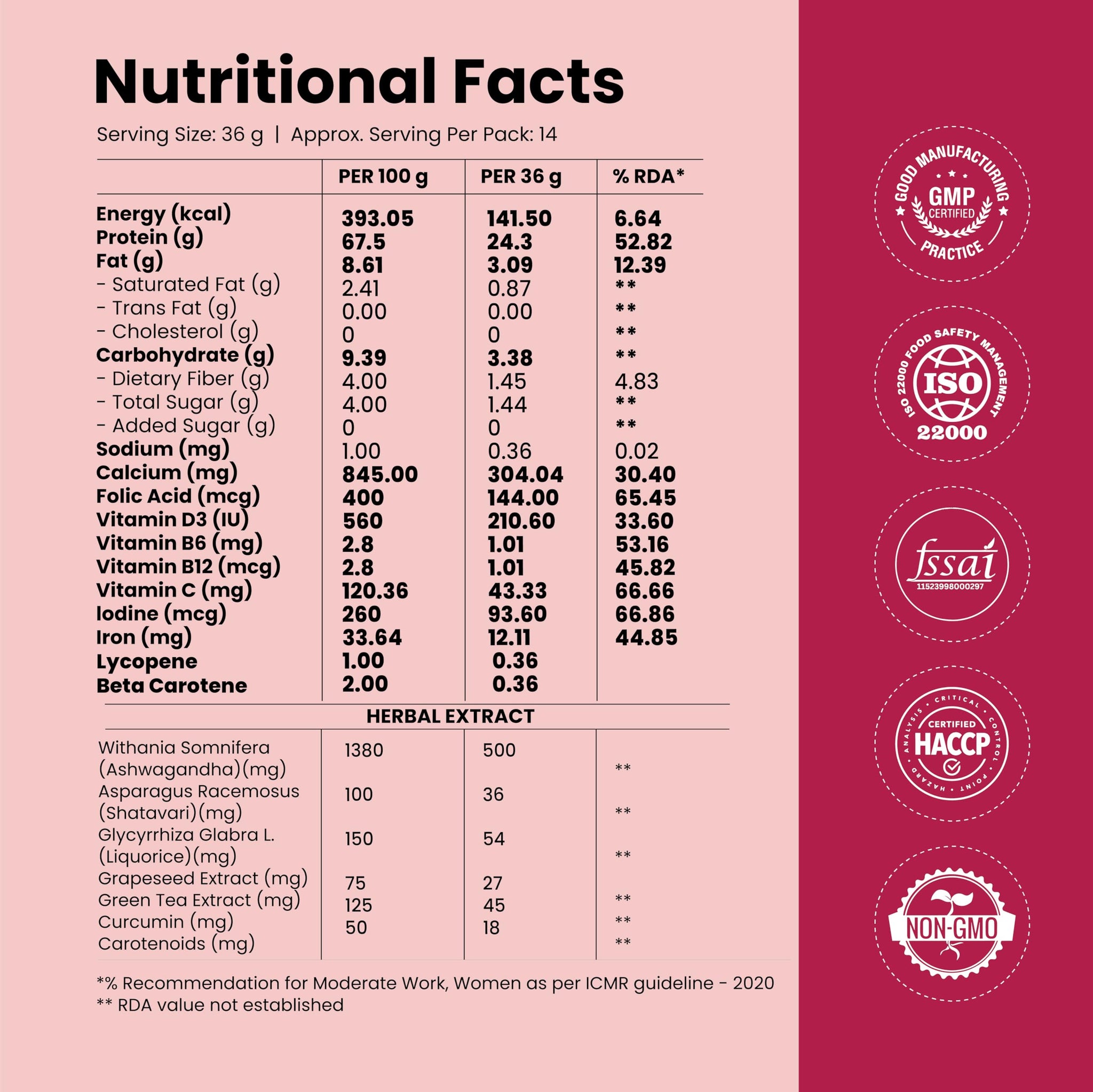 Gytree Plant-Based Protein Powder for Women, Vegan Protein Supplement, 24g per Serving - label detail