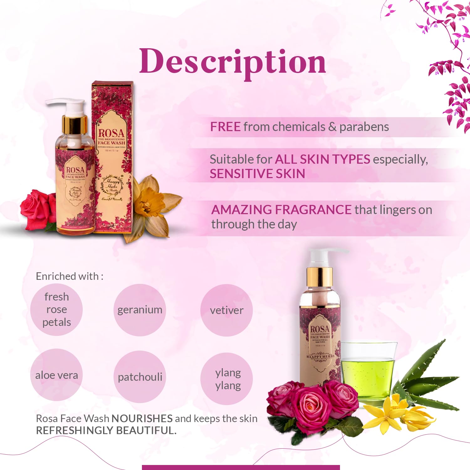 HAAPPY HERBS - BEAUTIFUL NATURALLY Rosa Face Wash for Women with Rose & Aloe, 150ml - ingredients panel
