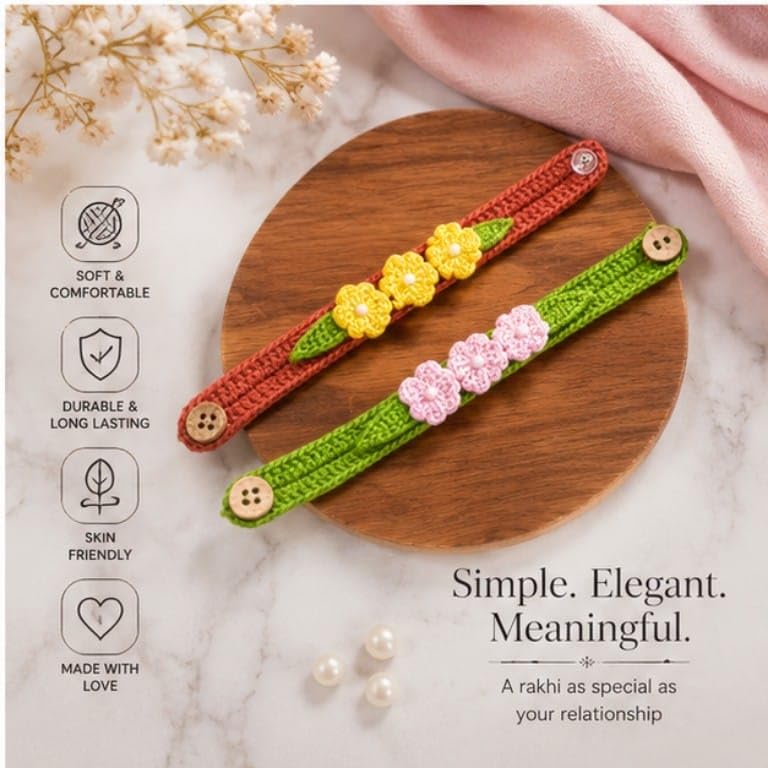 Handmade Crochet Flower Bracelet Rakhi for Girls & Boys - label detail