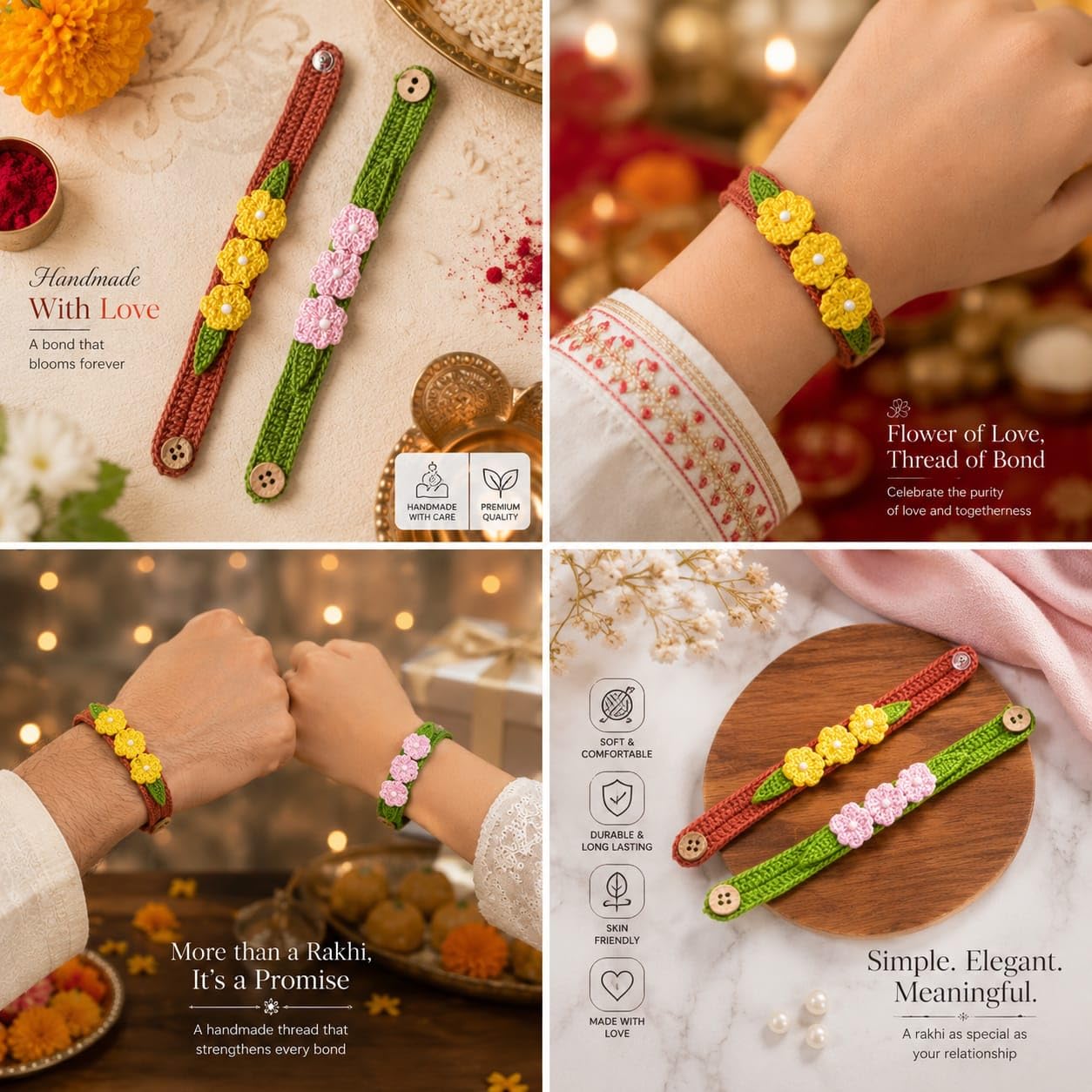 Handmade Crochet Flower Bracelet Rakhi for Girls & Boys - close-up detail