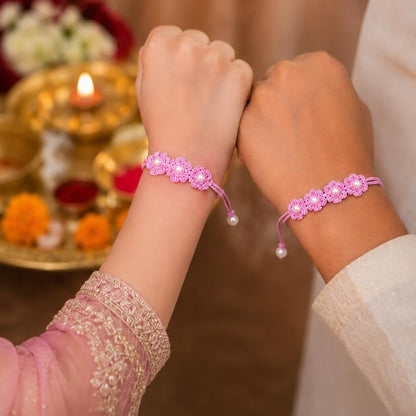 Handmade Crochet Flower Rakhi for Brother & Sister | Pink Floral Rakhi with Pearl Design | Soft Cotton Thread Handcrafted Rak