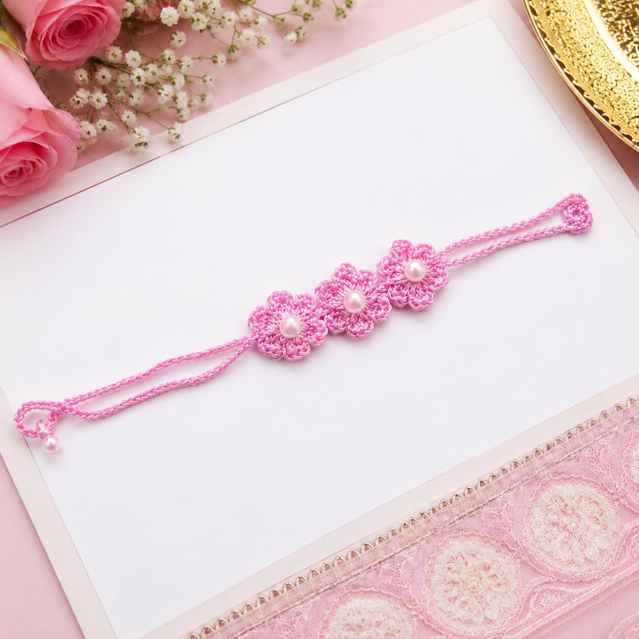 Handmade Crochet Flower Rakhi for Brother & Sister | Pink Floral Rakhi with Pearl Design | Soft Cotton Thread Handcrafted Rak